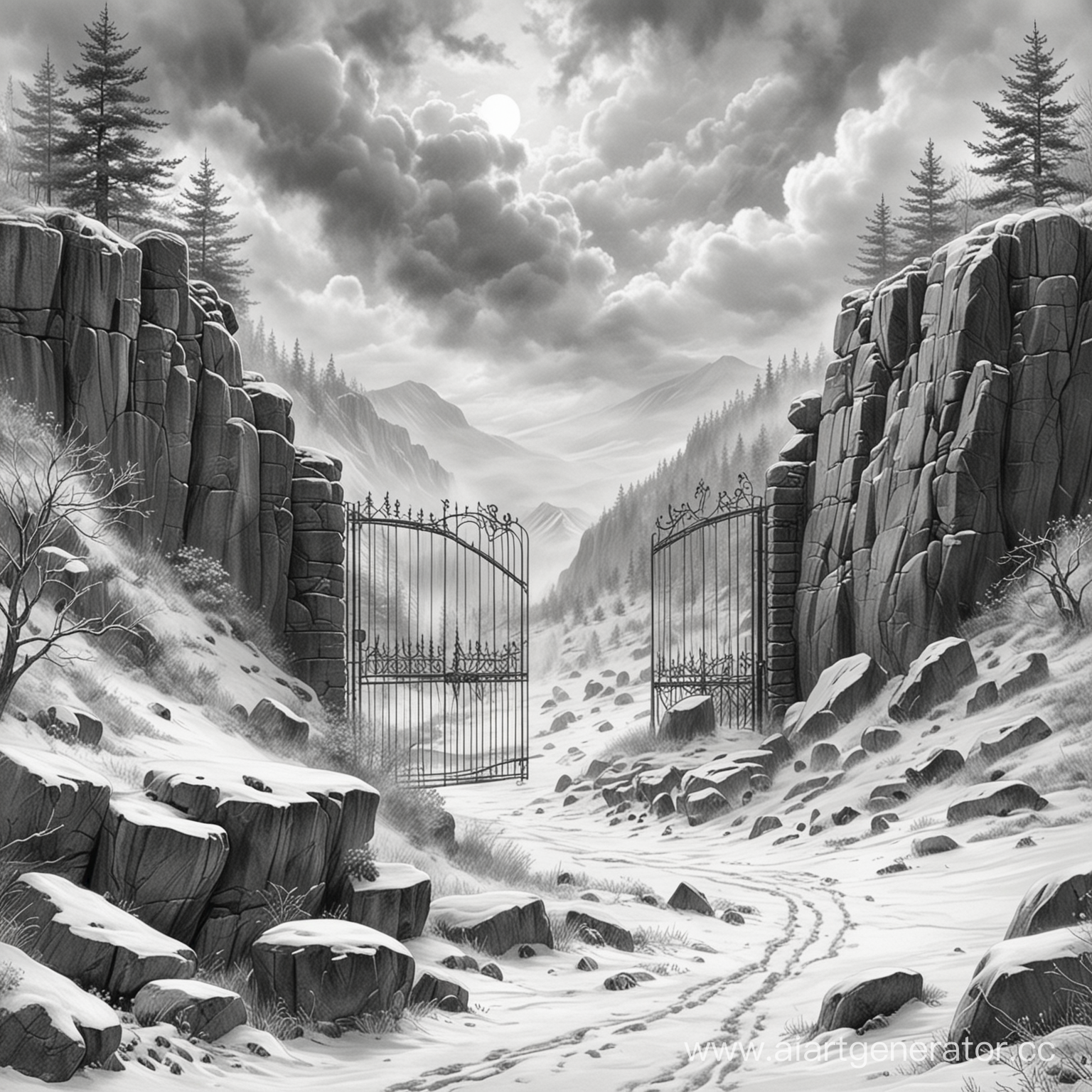 нарисованное карандашом, призрачные врата в скалах, на заднем плане холмы зимний лес в снегу в тумане в небе тяжелые облака
