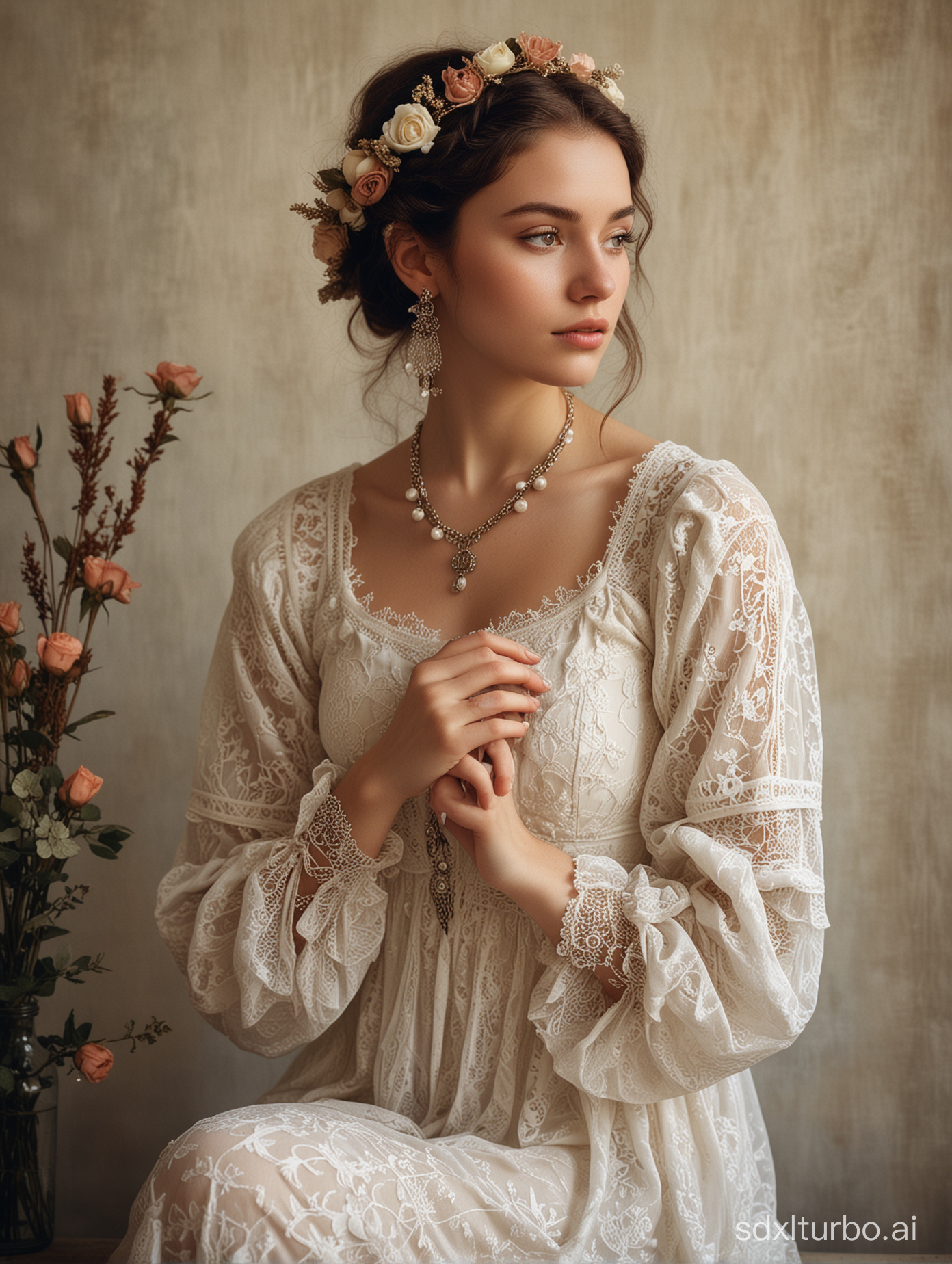 a woman in a romanticized bohemian setting, wearing an intricately patterned white vintage Renaissance dress with lace and pattern work, adorned with multiple bracelets and an earring, and roses in her hair. The focus is on her hands, which are gracefully positioned, showcasing the intricate details of the bracelets and the delicate fabric of her dress sleeves. She is surrounded by a mix of dried and fresh flowers, contributing to a rustic and nostalgic atmosphere. She sits with a soft and introspective expression, under a soft and diffused lighting that suggests early morning or late afternoon. The composition is balanced and harmonious, with a keen attention to detail in the textures and colors.