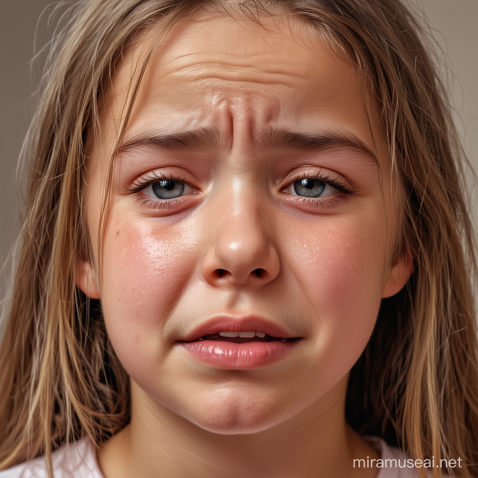Portrait de petite fille pleurant avec des larmes qui coulent sur ses joues. Une fille qui pleure. Fille 9 ans est très contrarié. Problèmes d'adolescence. Fille de 9 ou 10 ans en transition