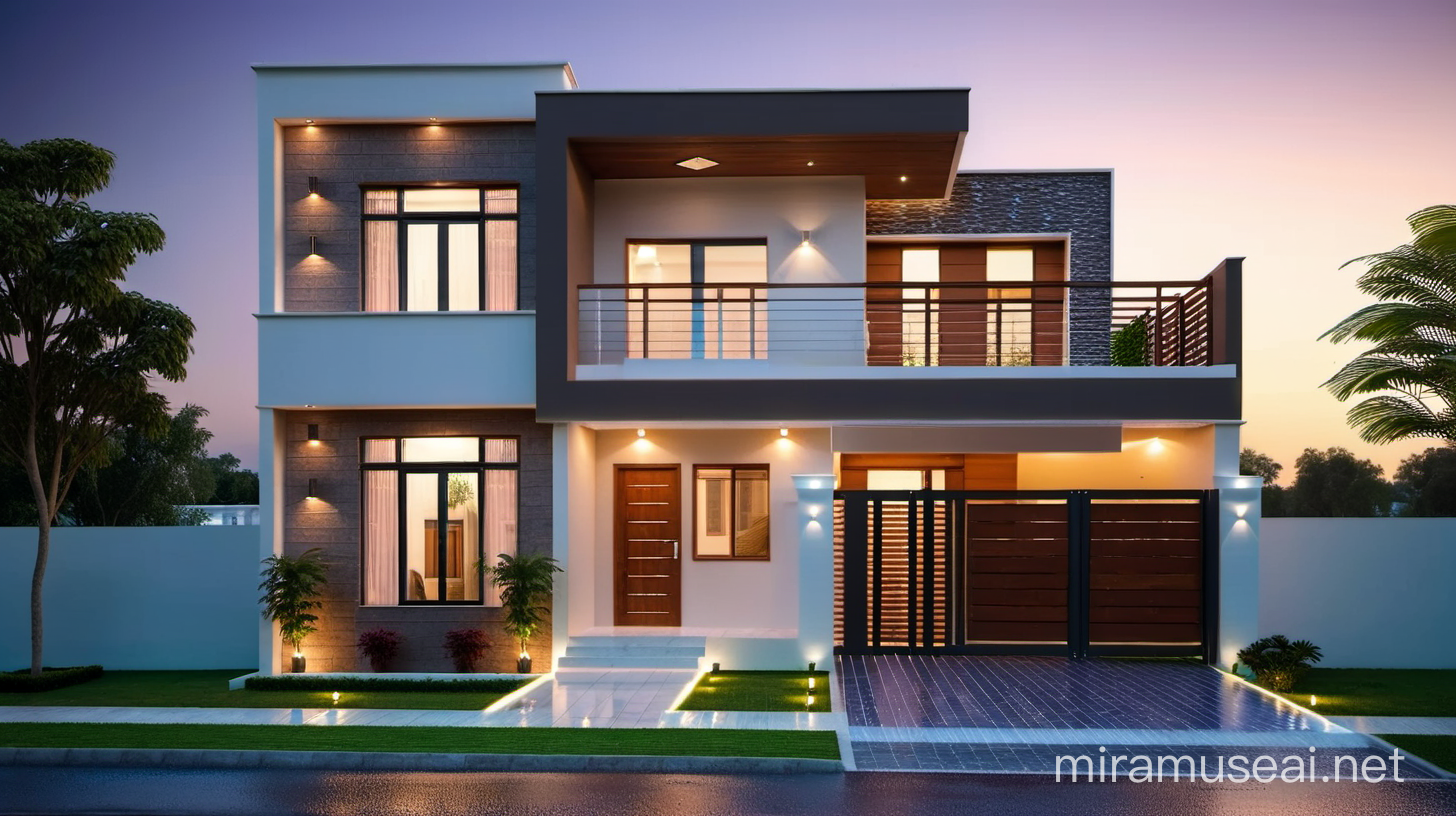 BEST HOUSE TWO FLOOR SMALL MODERN FRONT DESIGN IN BUDGET WITH FLAT ROOF. WITH LIGHTING WOODEN DESIGN BEST.