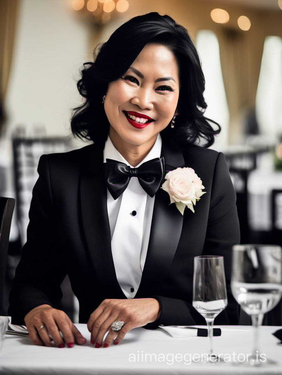 40 year old smiling vietnamese woman with black shoulder length hair and lipstick wearing a tuxedo with a black bow tie and big black cufflinks. Her jacket has a corsage. She is sitting at a dinner table.
