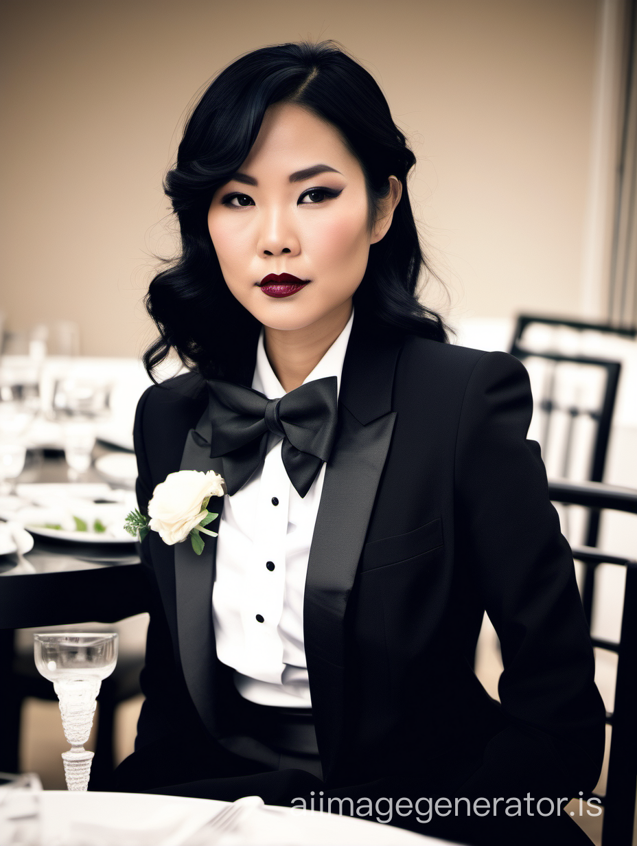 30 year old stern vietnamese woman with black shoulder length hair and lipstick wearing a tuxedo with a black bow tie and big black cufflinks. Her jacket has a corsage. She is sitting at a dinner table.