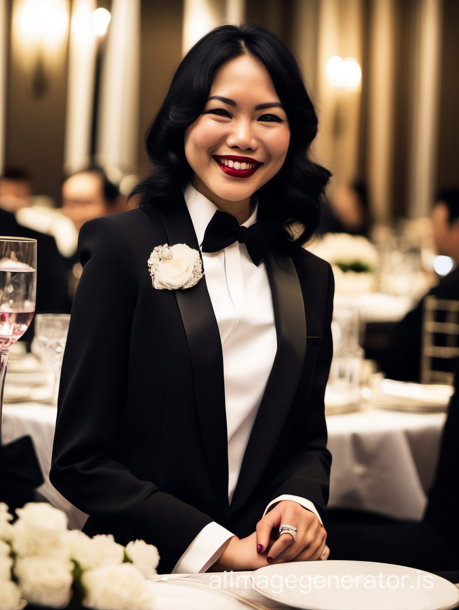 Chic Vietnamese Woman in Black Tuxedo Corsage at Dinner Table | AI ...