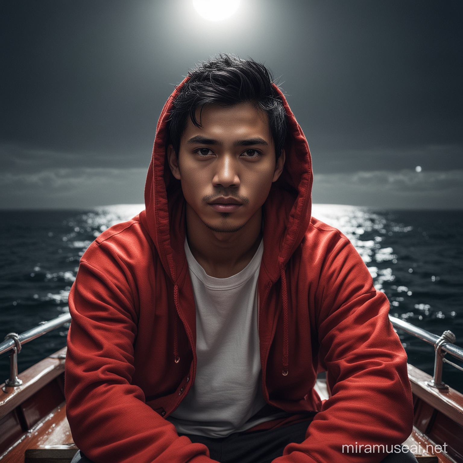 Indonesian Man in Red Hoodie Contemplating on Luxurious Boat at Night with Full Moon