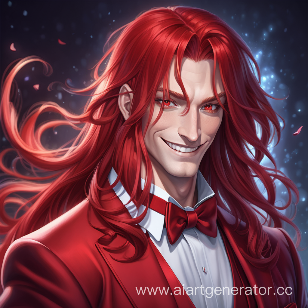 Мужчина с длинными красными волосами, красными глазами, в красном смокинге, таинственно улыбается. Фэнтези