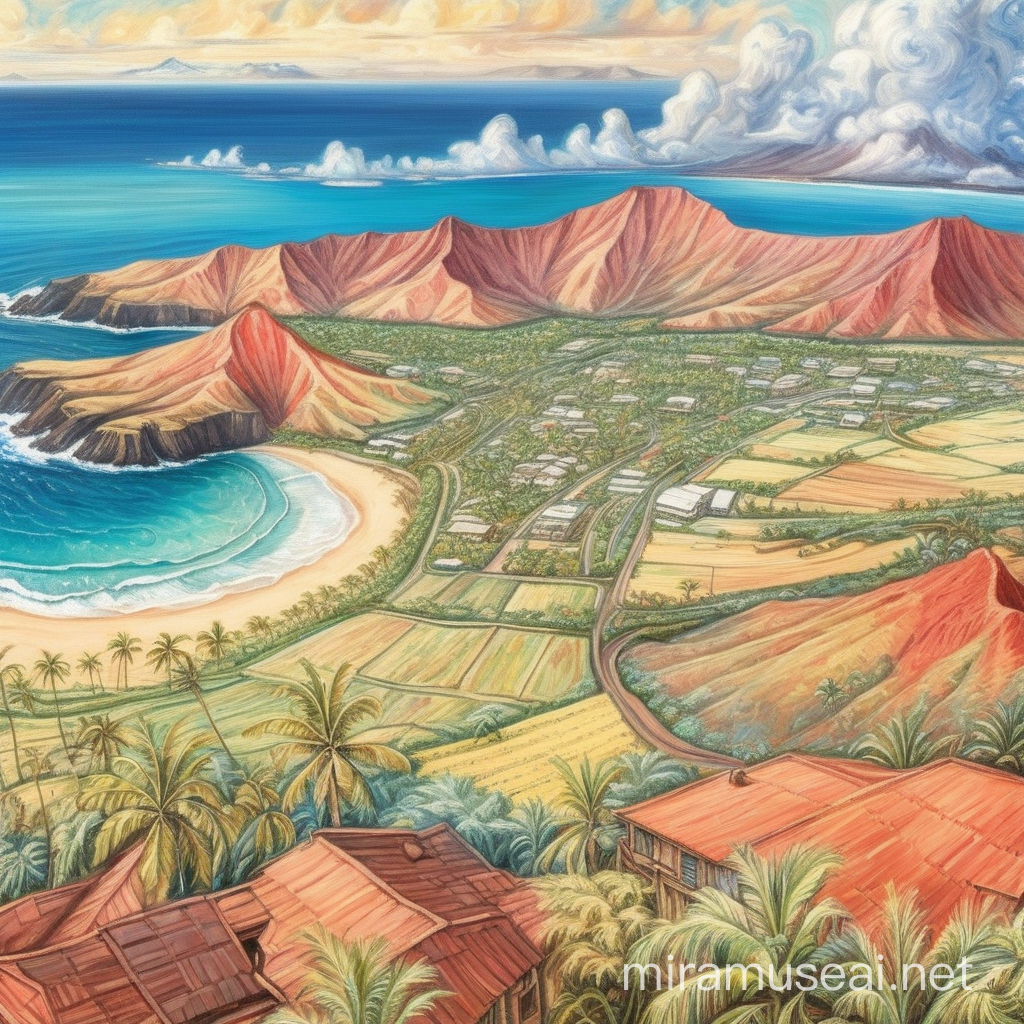 From above view, drawing of Hawaii island. The sky is shades of pale red and yellow, no clouds. Painting. Landscape. The painting looks like created by Van Gogh. Best quality.
