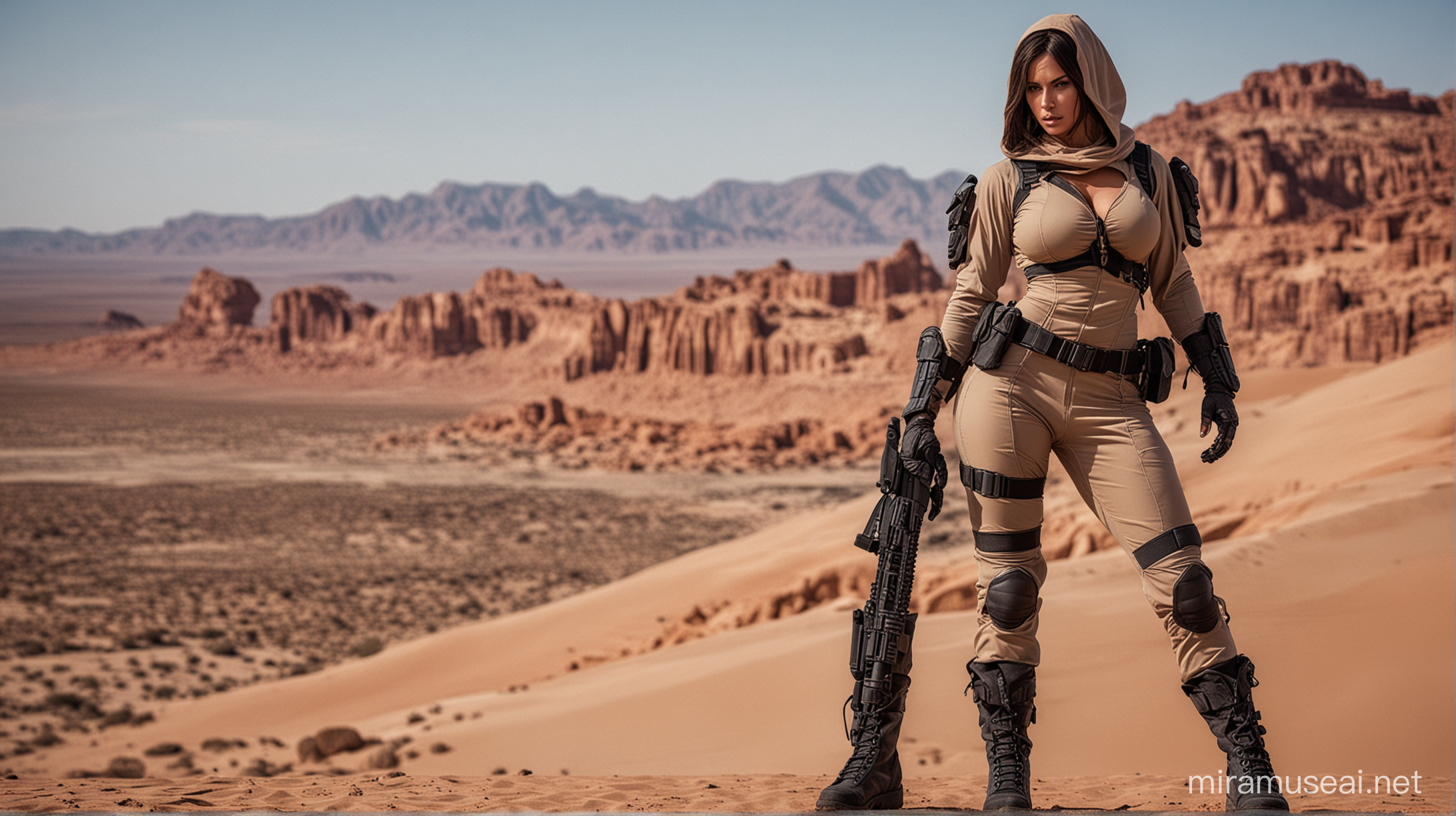 Extremely muscular woman; colossal; nomad tactical suit; beautiful; sexy; seductive; cute; hooded desert robe with sleeves; very big breasts; tactical boots; tactical gloves; tactical pants; tactical shirt; 