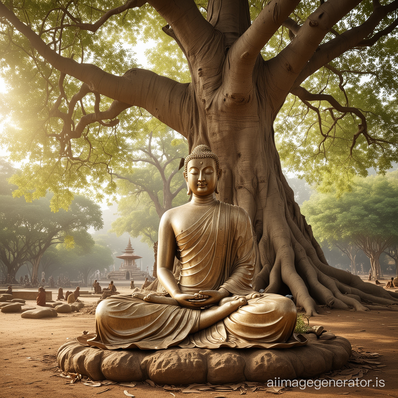 Generate an image of Gautama Buddha sitting cross-legged under the Bodhi tree, emanating a sense of tranquility and enlightenment.