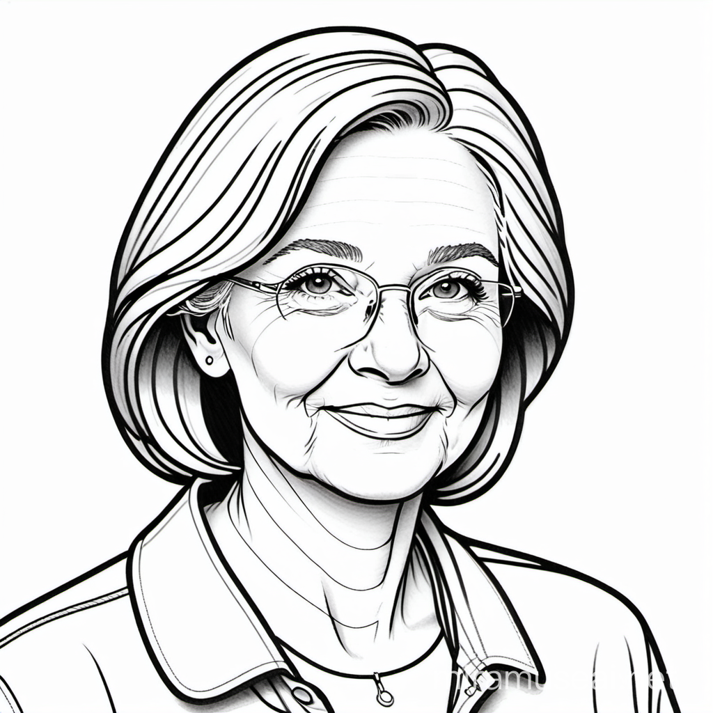 Adult coloring book page. Black and white. White background. Single Line Drawing. Thin lines. Slight elderly  usa woman. Slight smile . Looking humble but accomplished.