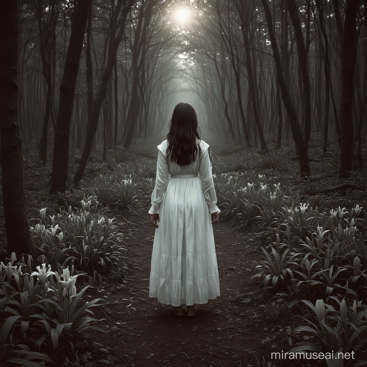 "Create an image inspired by the lyrics: 'Lily was a little girl afraid of the big, wide world...' depicting Lily in a forest, feeling both fear and allure as she encounters a mysterious entity offering her everything she desires. Capture the tension between her desire for safety and the unknown danger lurking in the darkness. Incorporate elements of magic and hypnotism, with the entity beckoning her to 'Just let me in, ooh.'"