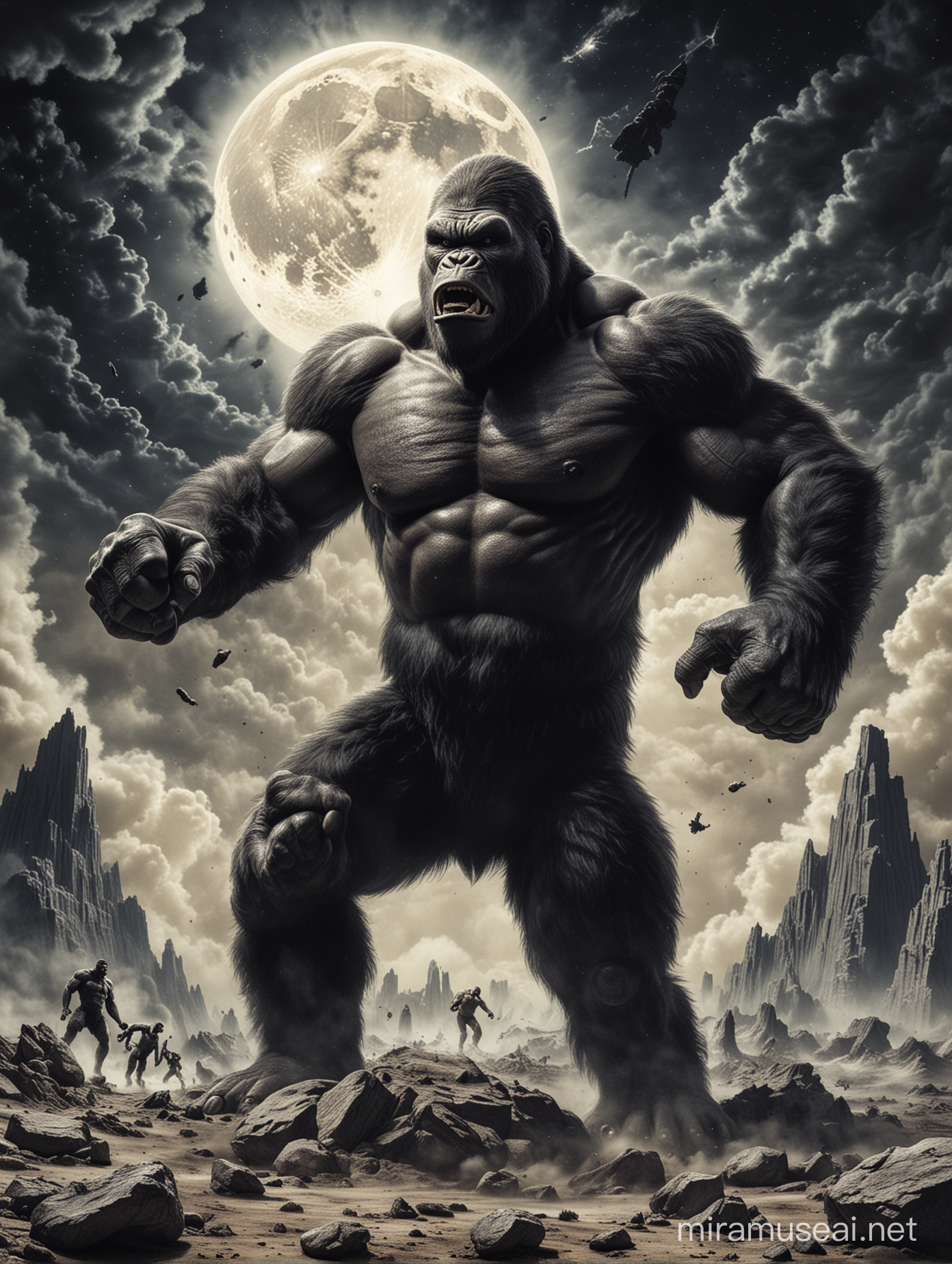 King Kong fighting against Mike Tyson on the moon