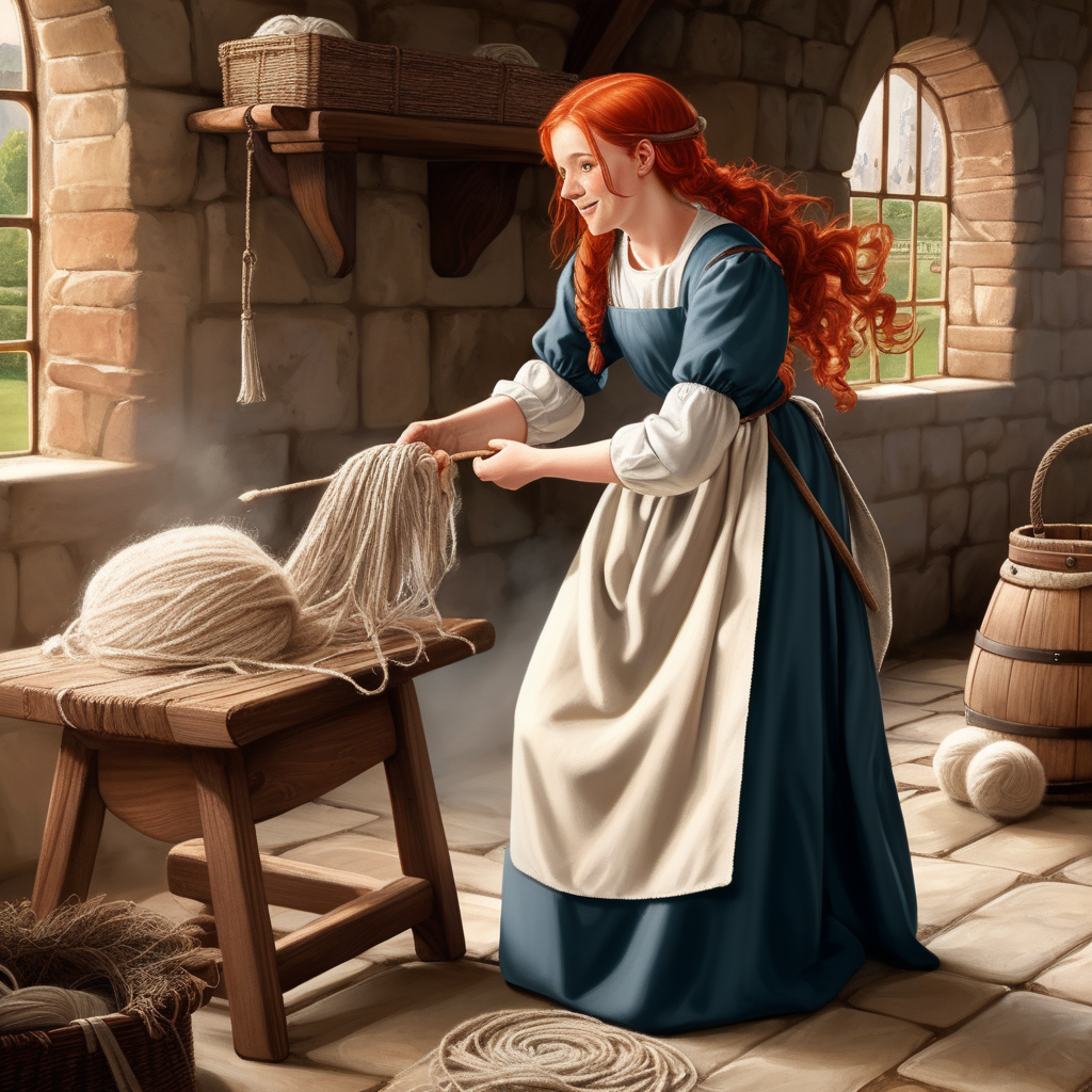 Medieval Maid Spinning Red Wool in Early Middle Ages Scene