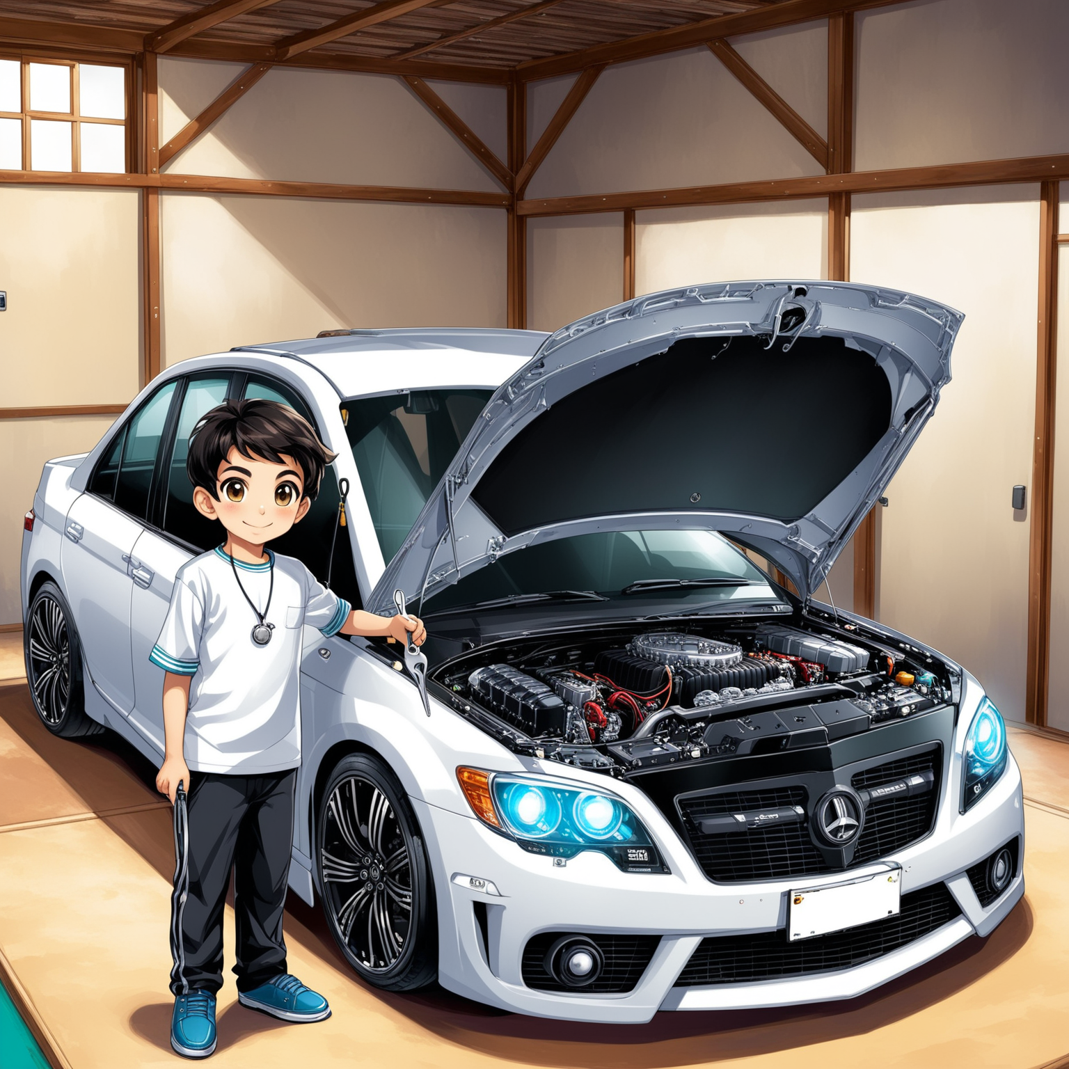 Persian Boy Working on Engine of Modern Car in HighTech Shed
