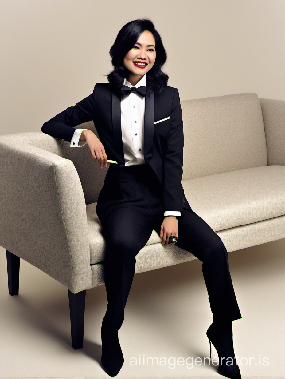 30 year old smiling vietnamese woman with shoulder length black hair and lipstick wearing a tuxedo with a black bow tie an (cufflinks) and (black pants). Her jacket has a corsage. Her jacket is open. She is sitting on a couch.  She is crossing her legs.