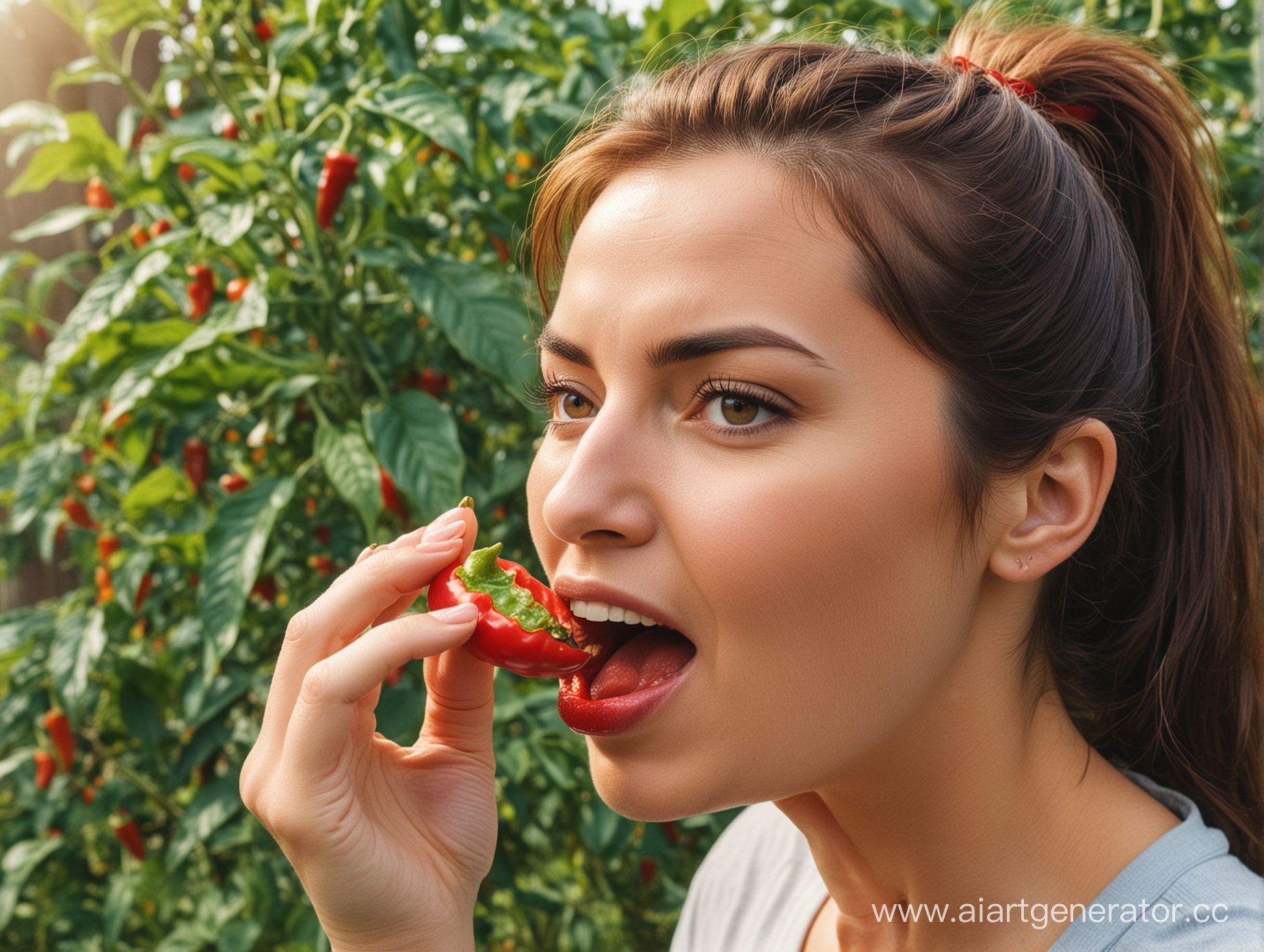 a woman eats very hot pepper from the garden