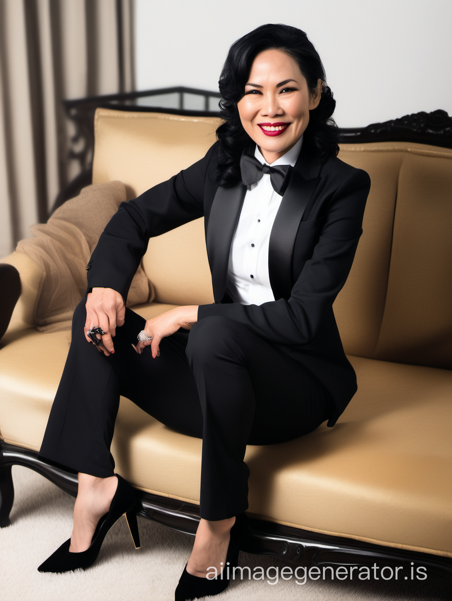40 year old smiling vietnamese woman with black shoulder length hair and lipstick wearing a tuxedo with a black bow tie and big black cufflinks and (black pants). Her jacket has a corsage. She is sitting on a couch. 