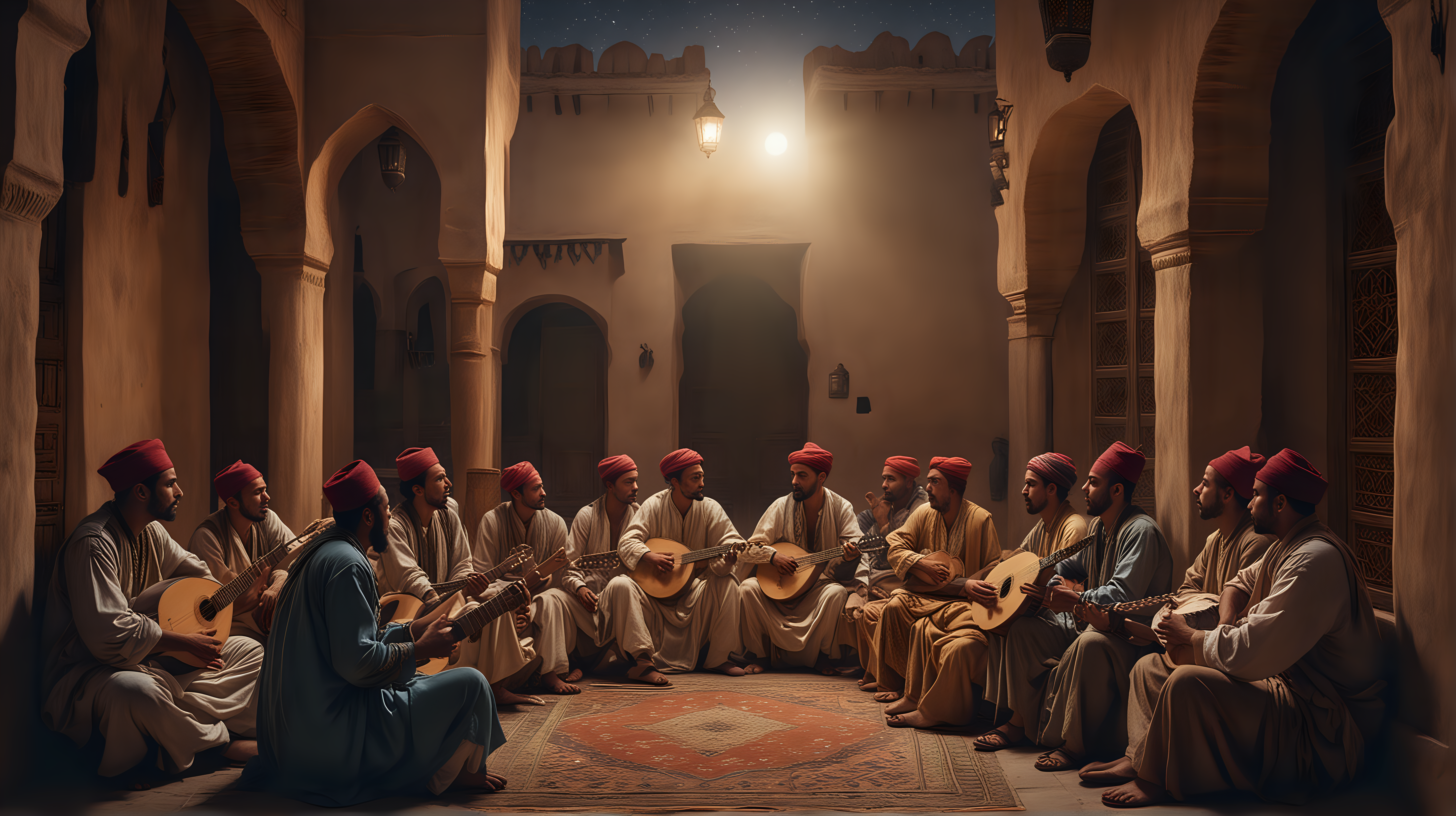 only one single Moroccan traditional musician plays his lute in the courtyard of a Moroccan traditional house, strumming his lute, a crowd of men sit around him enjoying the performance, night time, sky can be seen above, full moon shining, very realistic, cinematic, orientalist painters style