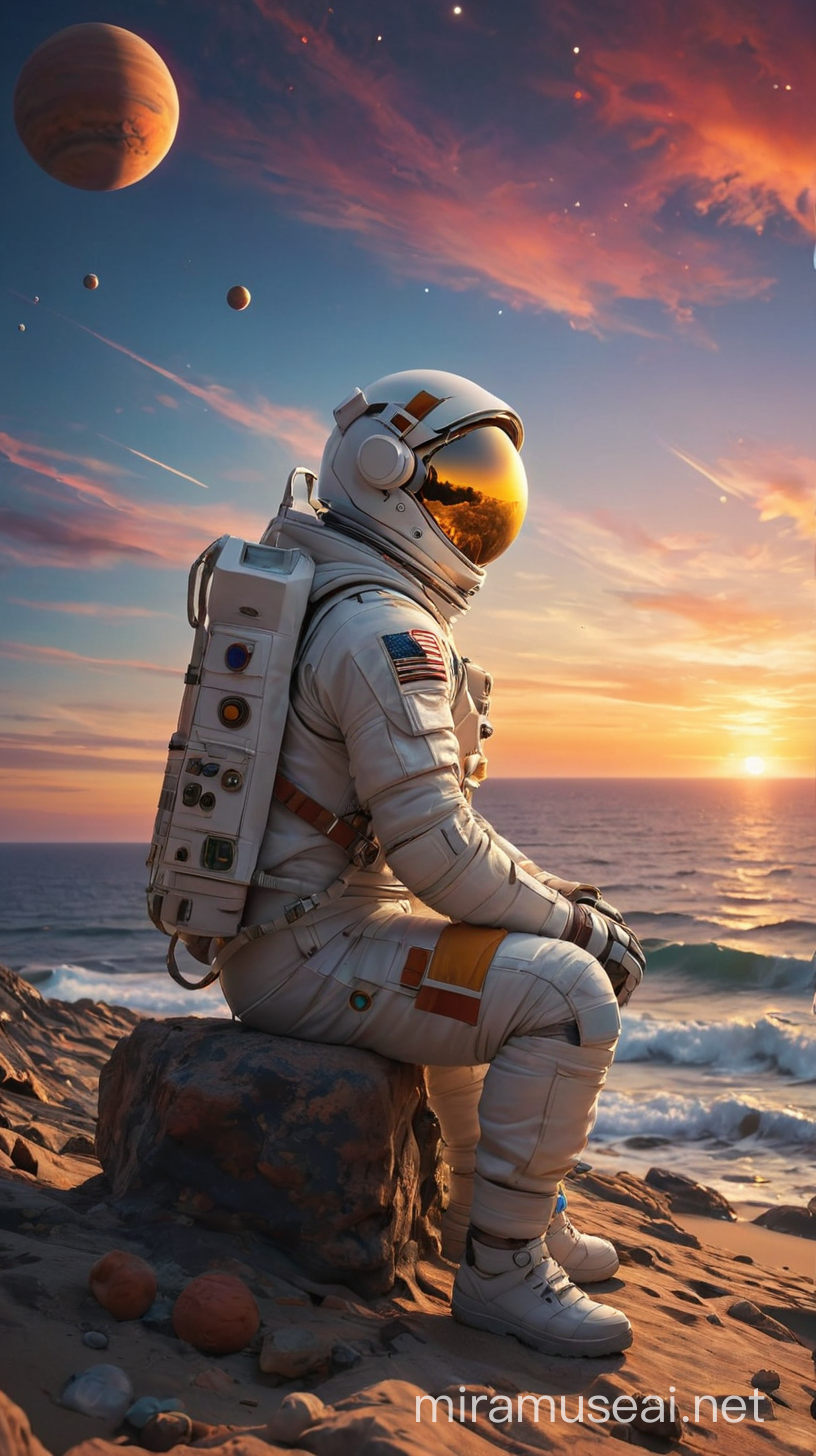 Astronauta sentado frente al amr mirando el sunset con un cielo llenos de planetas y multicolor 