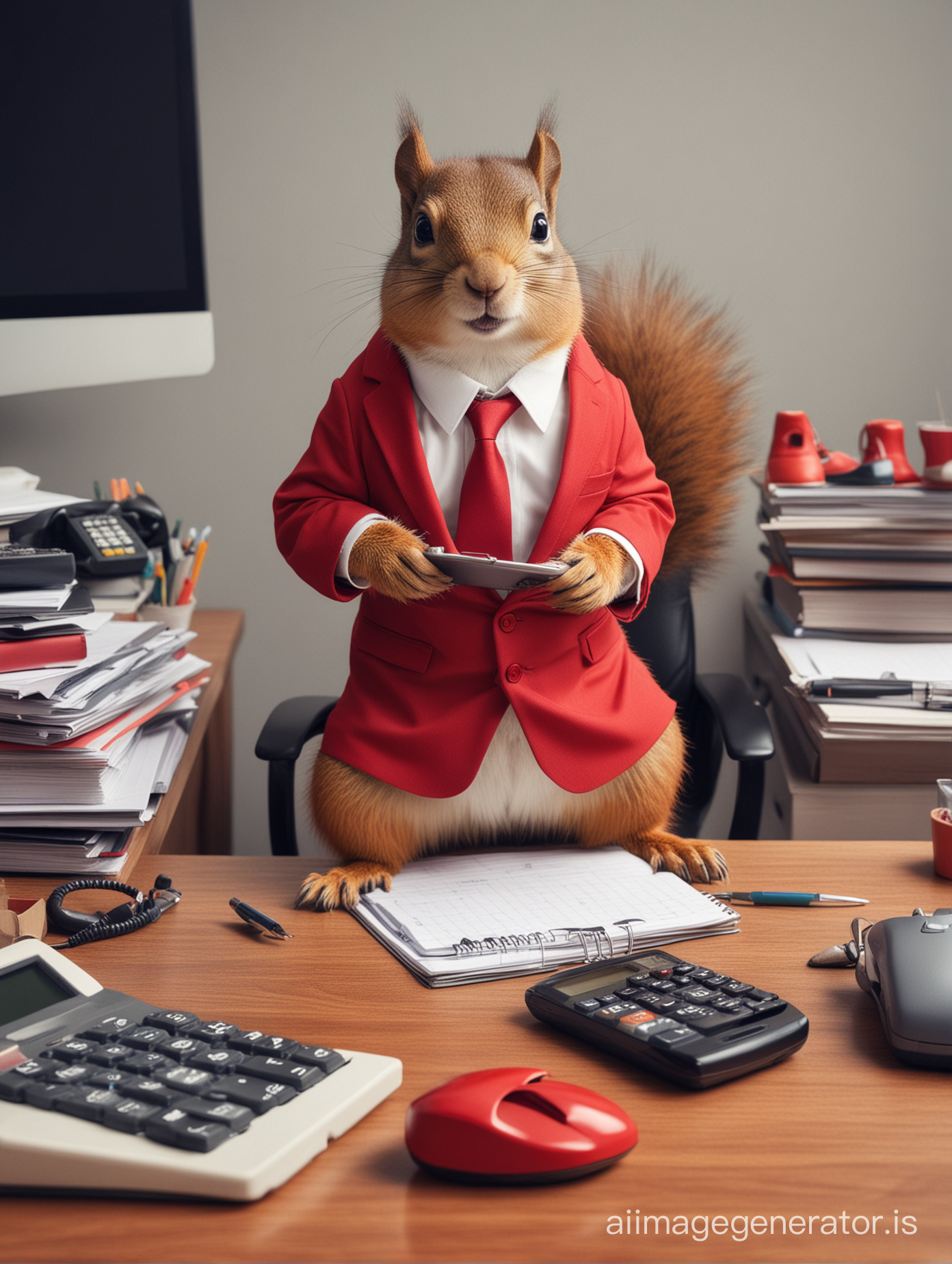 a squirrel as acounter work in the crowded office with calculator and wear a nice red suit and bright lether shoes sit behind the desk