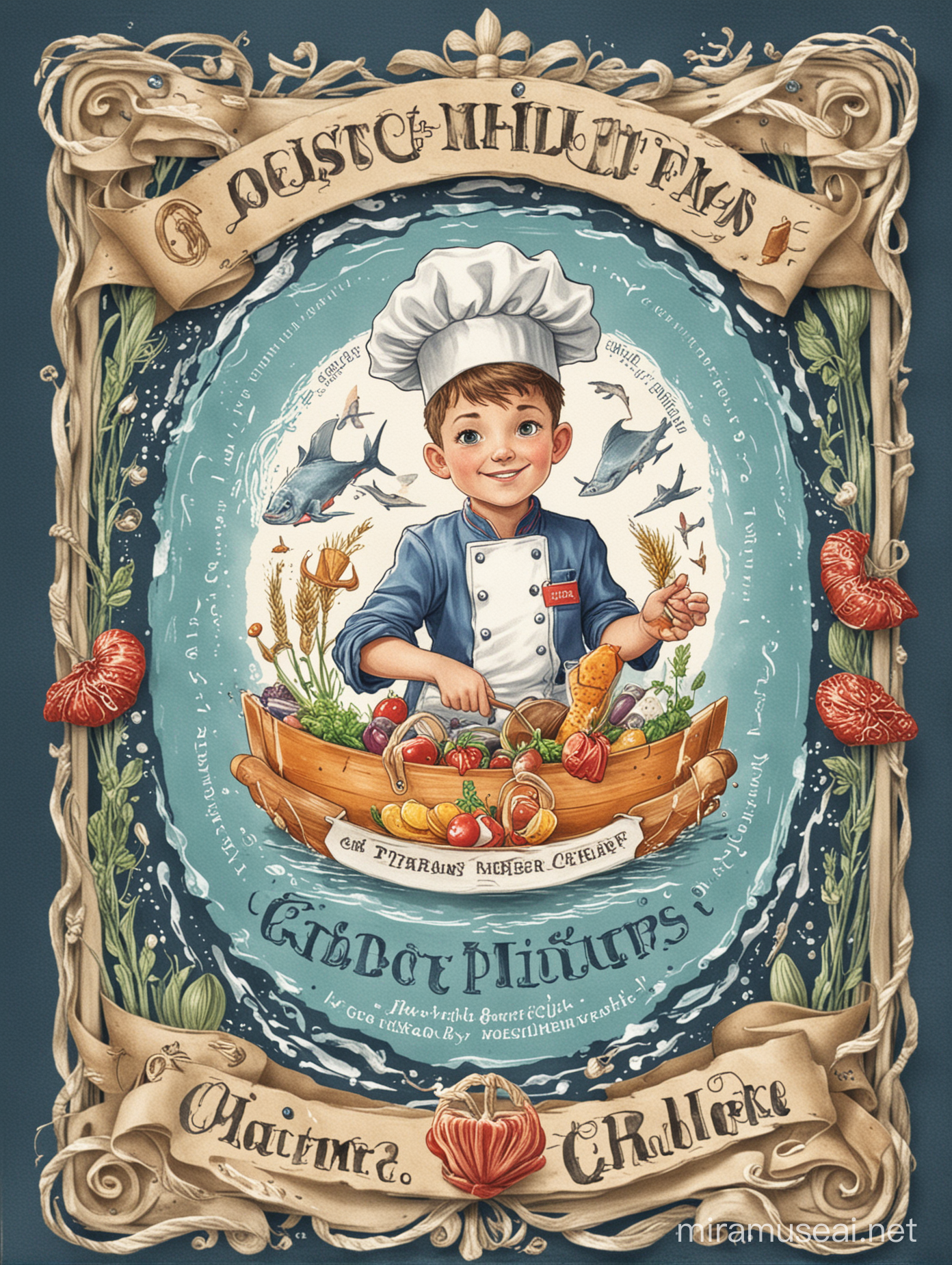 Обложка для книги портфолио на конкурс «Лучший повар детского питания» в морском стиле