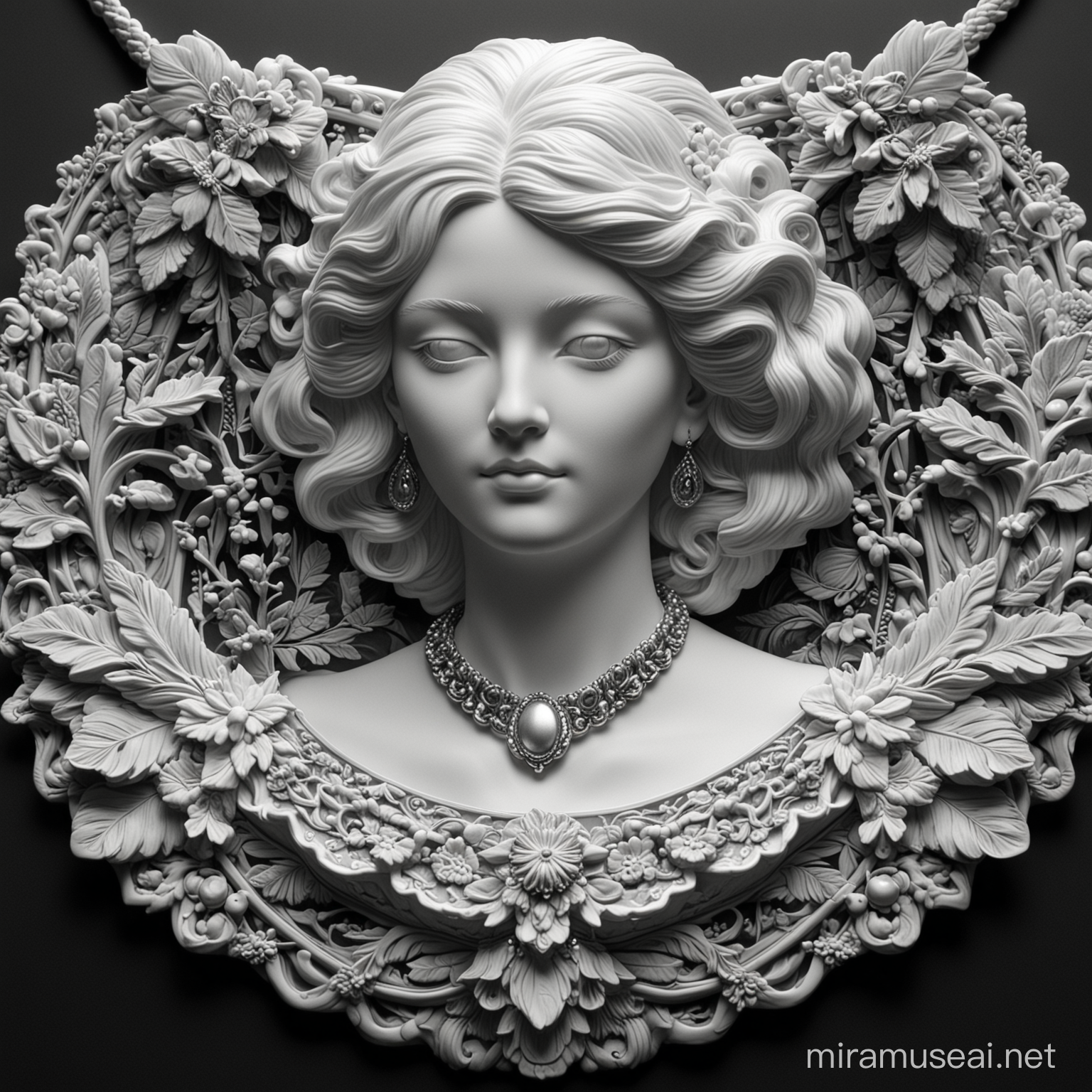 Grayscale Relief Portrait with Cameo Collar High Detail and Contrast
