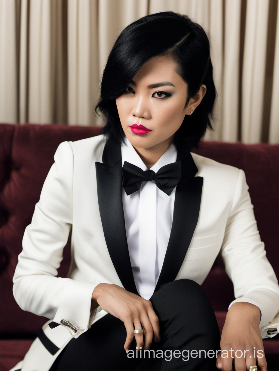 30 year old stern vietnamese woman with black shoulder length hair and lipstick wearing a tuxedo with a black bow tie and big black cufflinks and (black pants). Her jacket has a corsage. She is sitting on a couch.