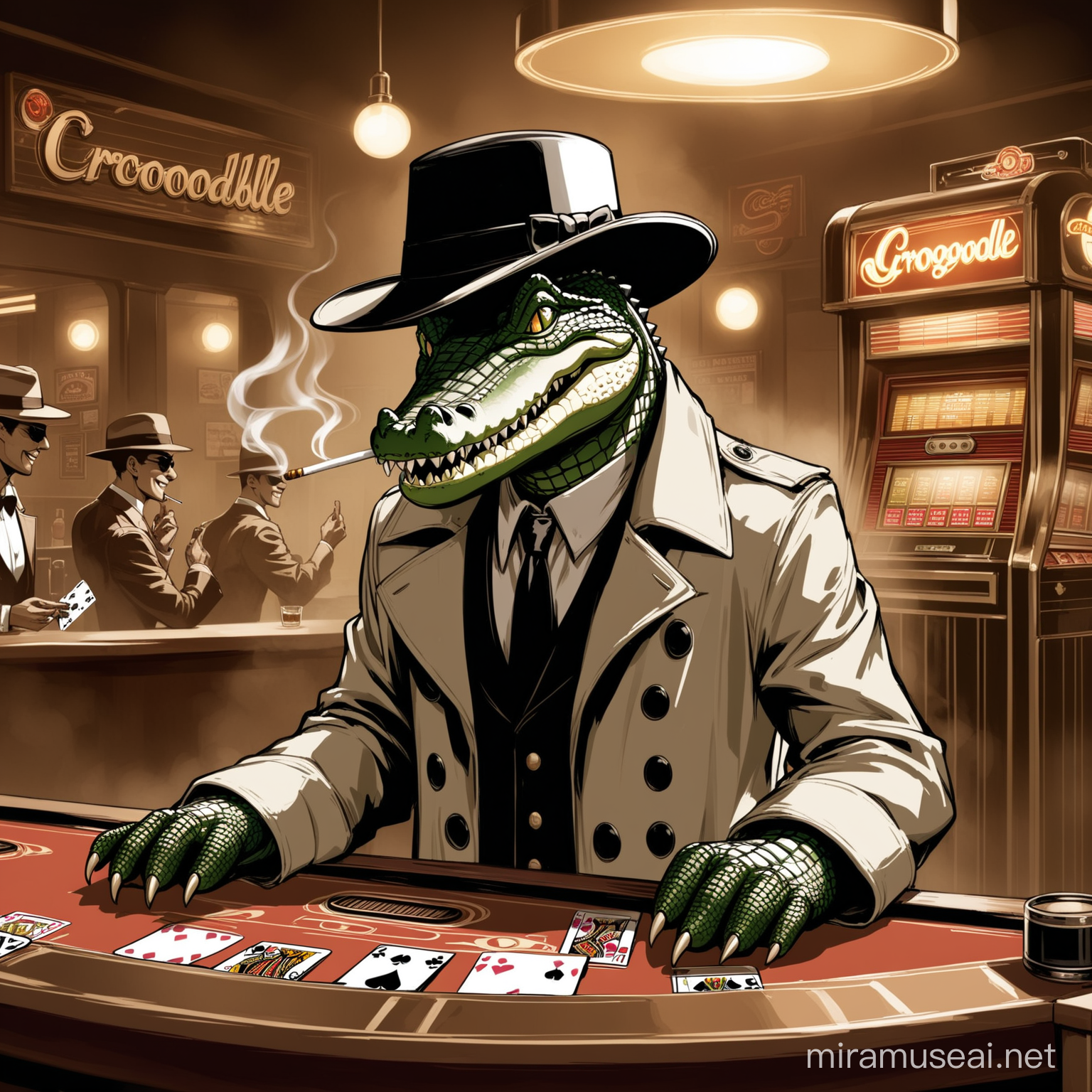 Crocodile - Gangster playing cards(noir) group
appreance- crocodile humanoid leaning over table /smiling/grey/black/white trench coat/ fidora hat/smoking
background-hazy brown/ bar/ jukebox/