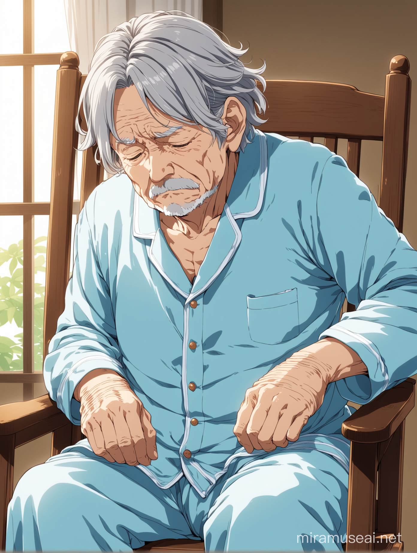 Anime, Old wrinkled man, with wavy gray hair, wearing light blue pajamas, white sweater, in rocking chair, tired.