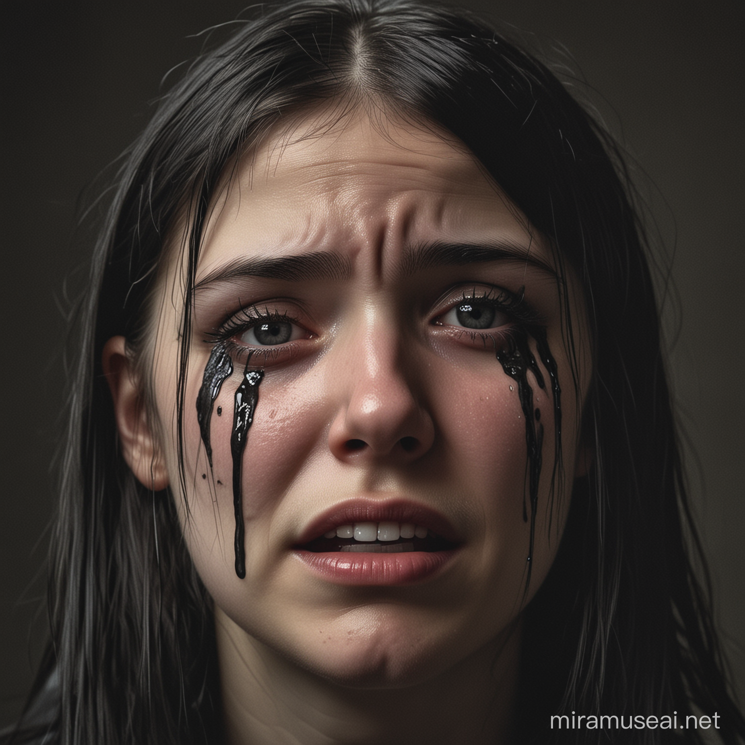 Portrait de petite fille gothique 13 ans pleurant avec des larmes qui coulent sur ses joues.
