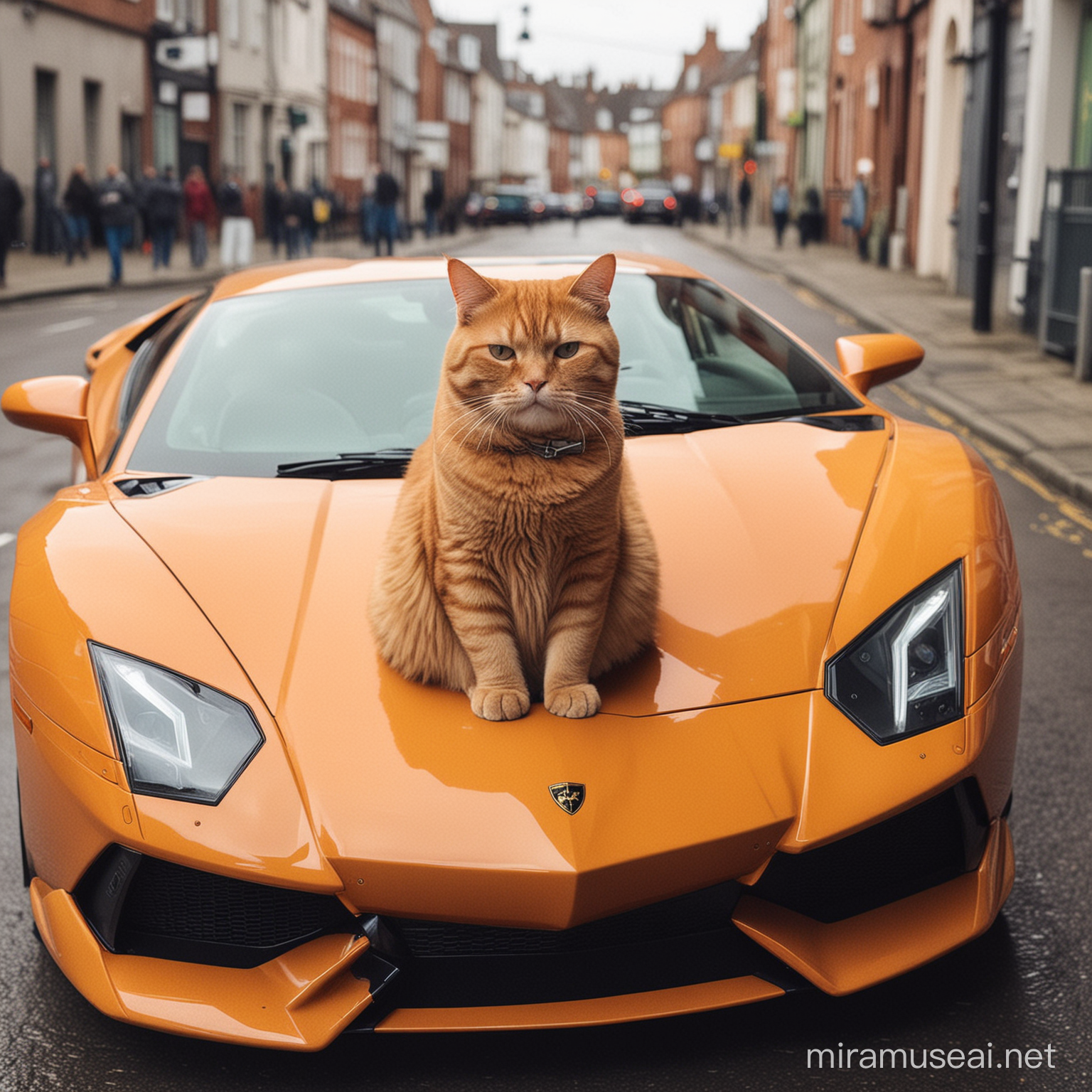 fat ginger cat on a lambo