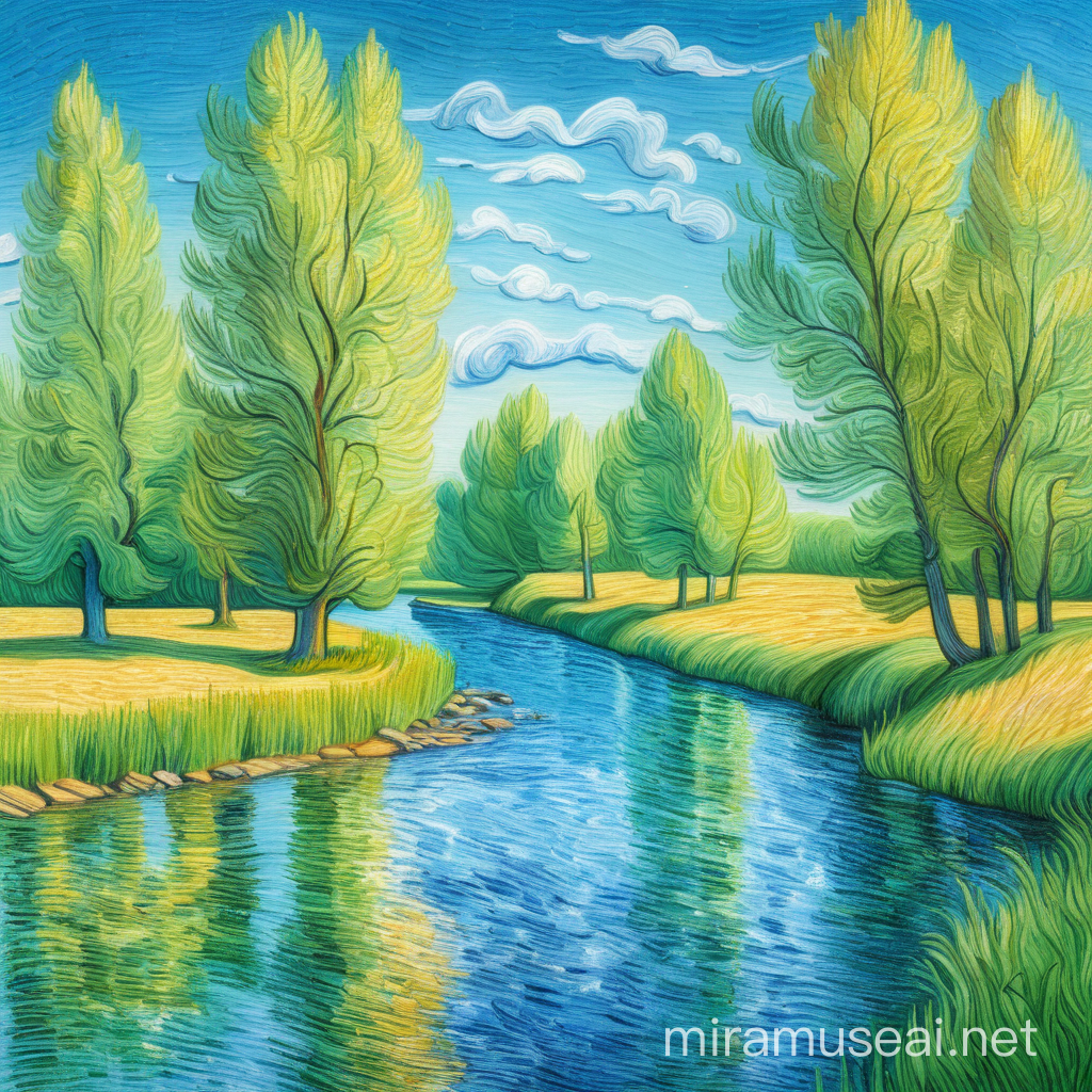 Tranquil River Landscape with Verdant Trees Van GoghInspired Summer Scene