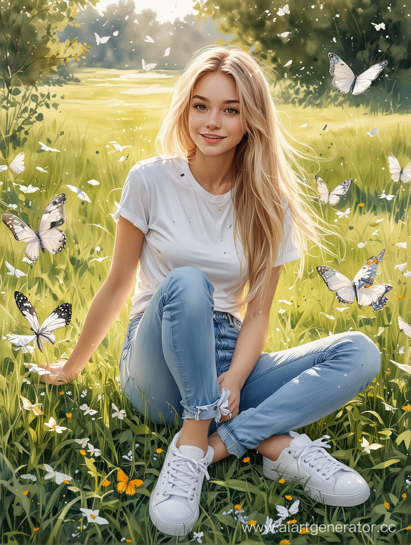 девушка светлые волосы длинные,белая футболка, джинсы, белые кеды, сидит в траве , летают бабочки, стиль шарж акварель