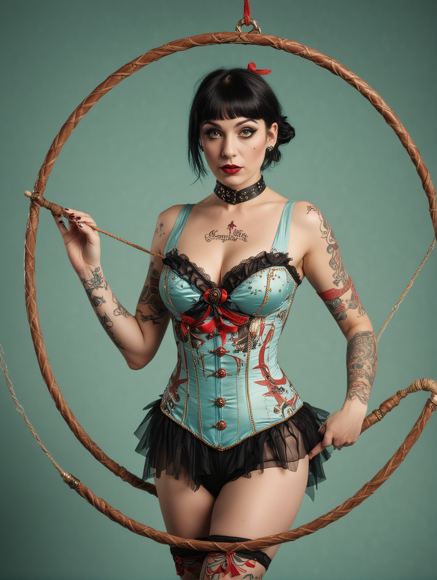 circus, in the style of whimsical yet eerie symbolism, American 1920's circus, light cyan and red palette, close up portraiture, well built busty female acrobat with black hair, wearing a pirate themed outfit, leotard and tutu, covered in tatoos, holding an aerial hoop, nature-inspired pieces, circus costumes, ultra details