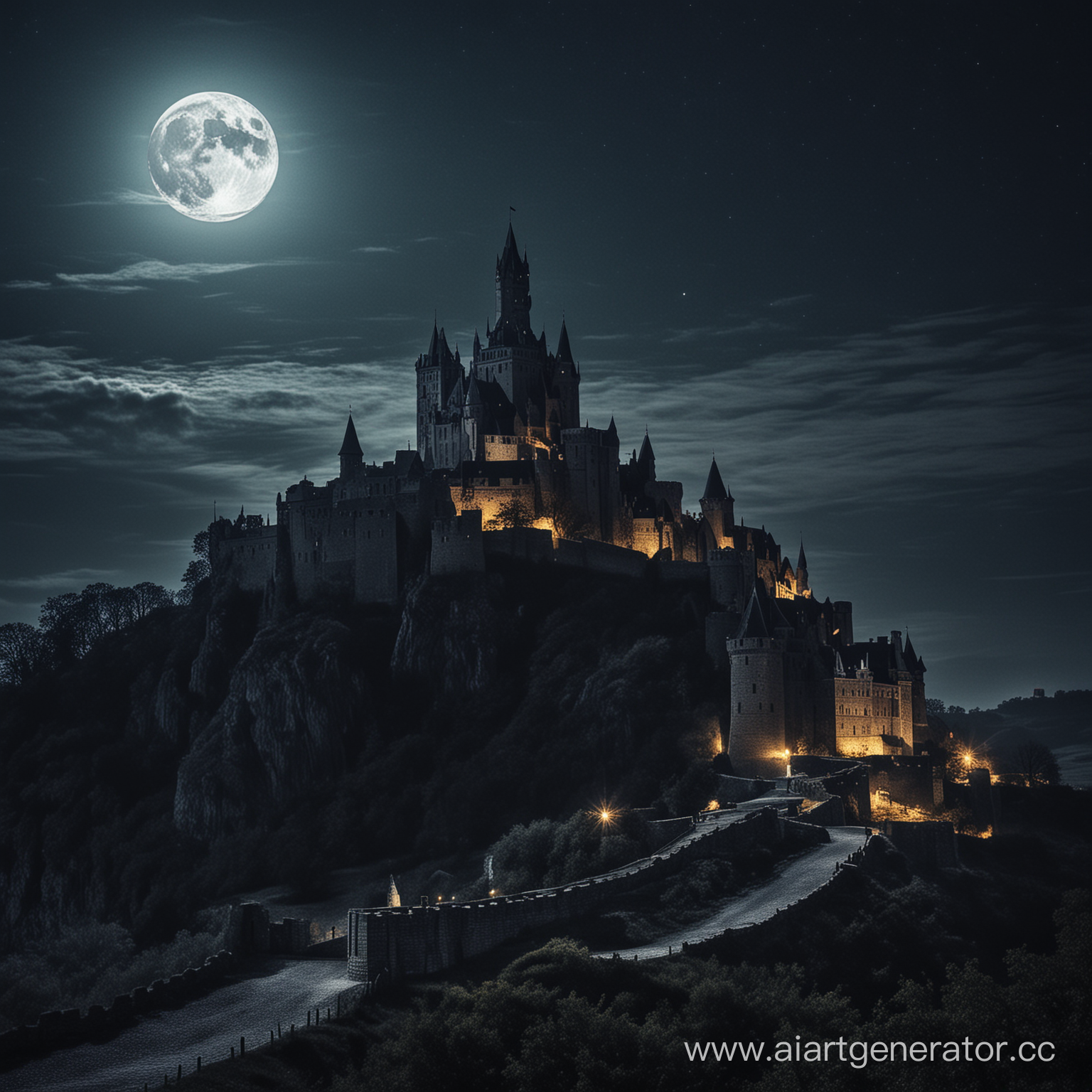 Ночной пейзаж, замок, крепость, темные цвета, луна