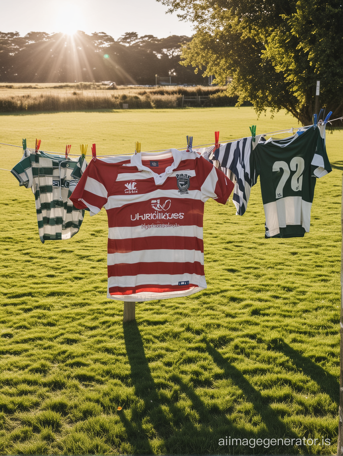 some rugby jersey hanging on a washing line behind the washing line is a shining sun the clothes are coloured, some with stripes, there are so many rugby jersey
the wasing line hangs in a big grassfield, back of jersey with numbers