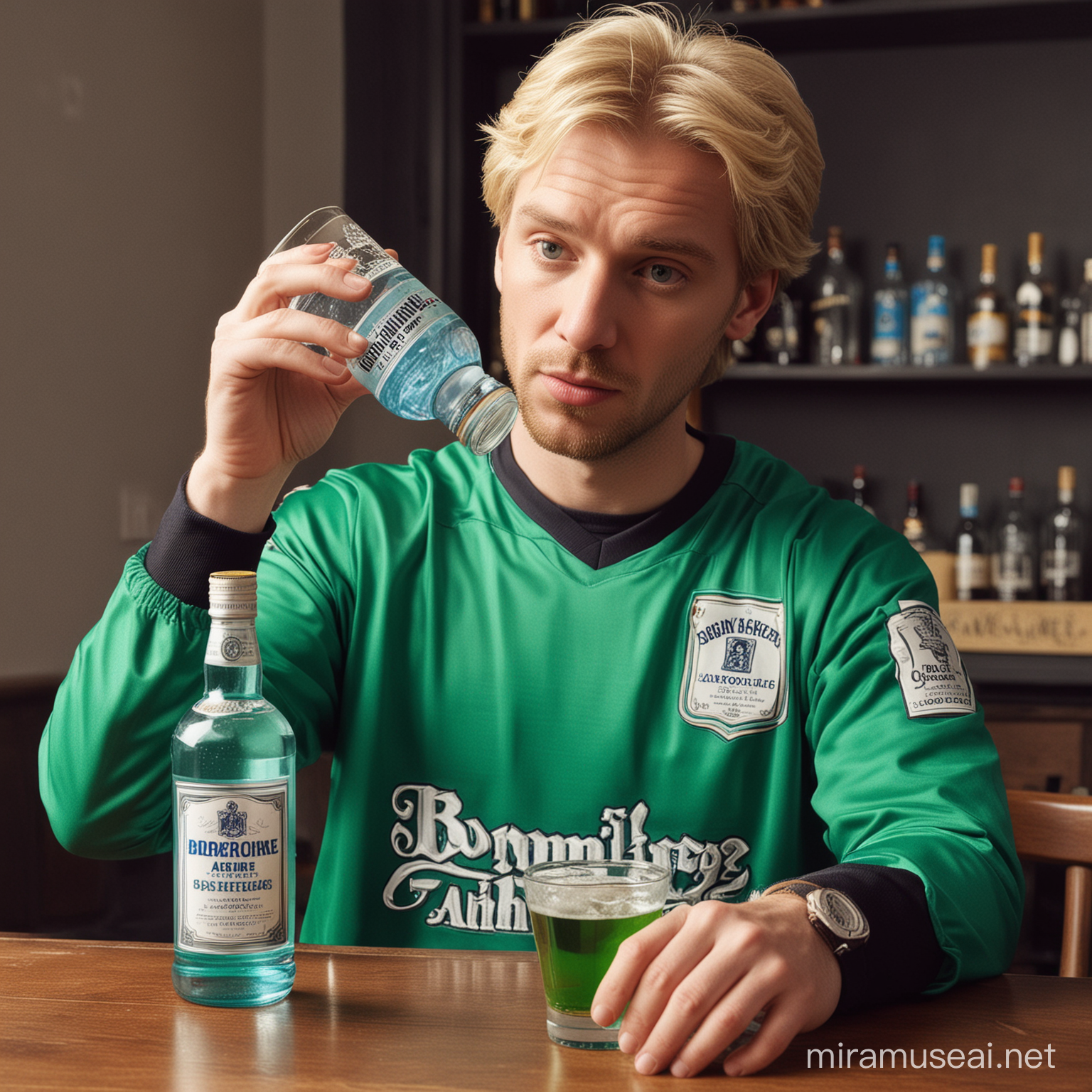 An alcoholic white man with blonde hair, he is drinking alcohol, he is wearing a green hockey jersey, there is a bottle of Bombay Sapphire Gin