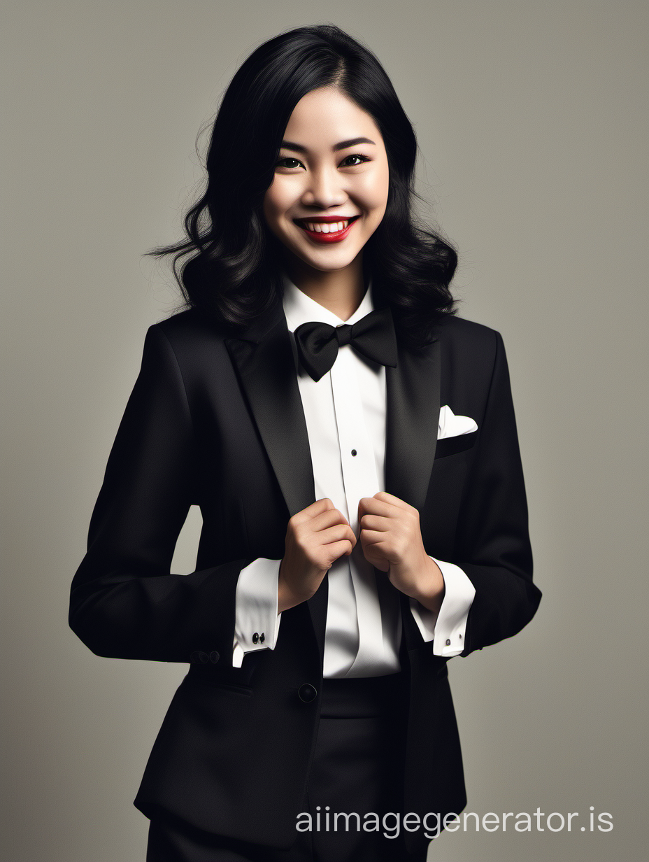 A portrait of a 25 year old smiling and playful vietnamese woman with shoulder length black hair and lipstick wearing a tuxedo with a black bow tie. Her jacket is open. Her jacket has a corsage. She is crossing her arms.