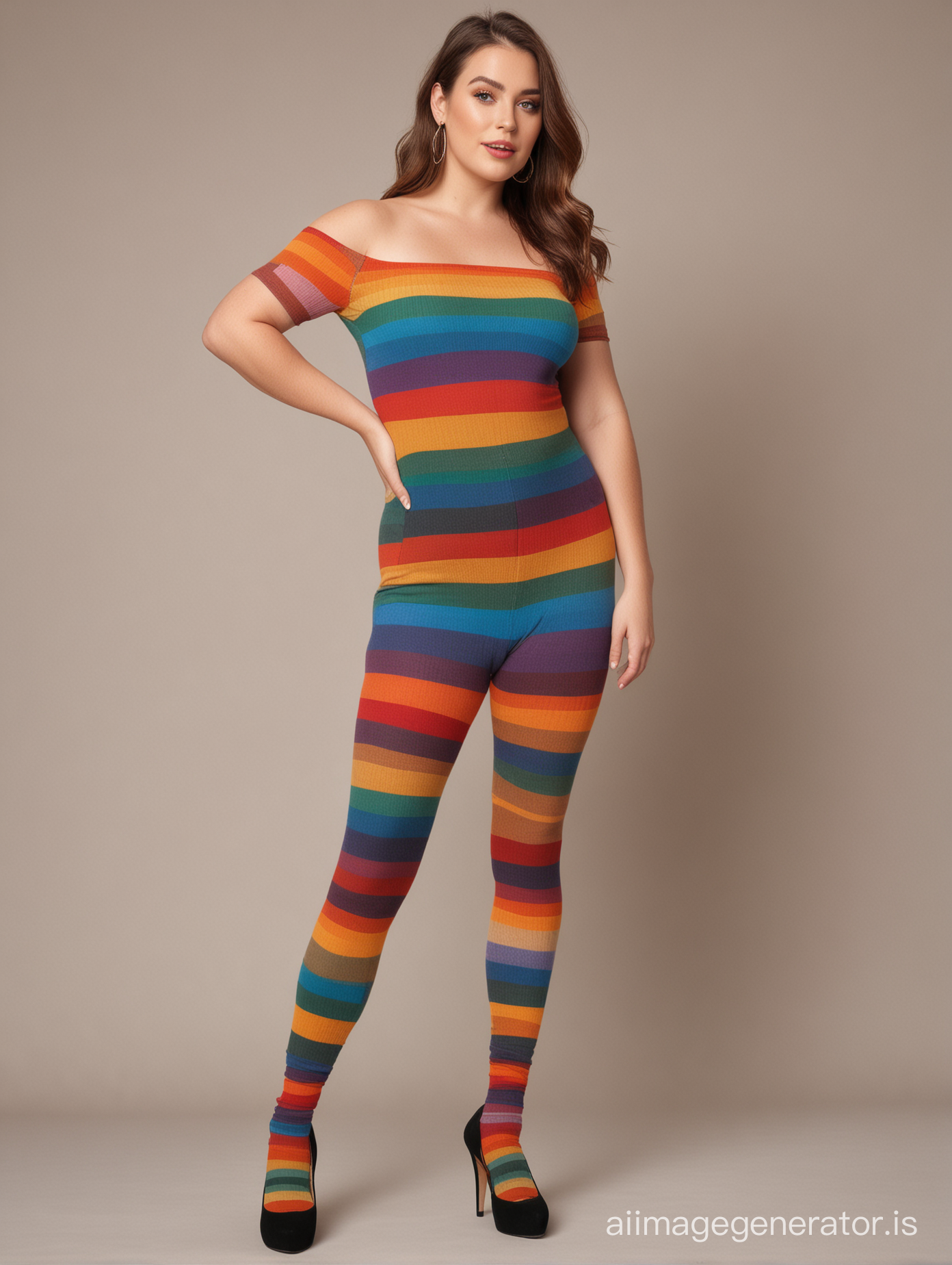 curvy women full body shot ribbed rainbow wool  tights high heels