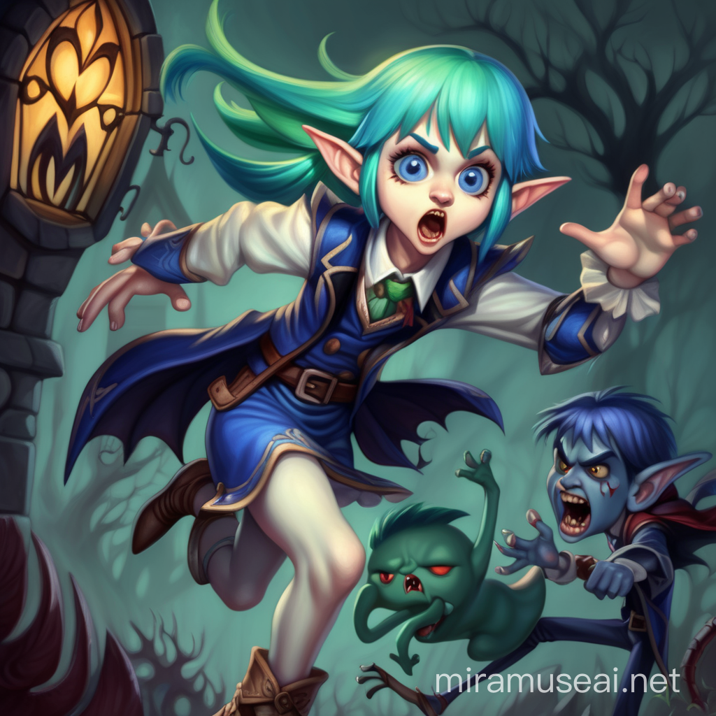 A lovy blue and green haired elf fleeing a seethe of hungry vampires