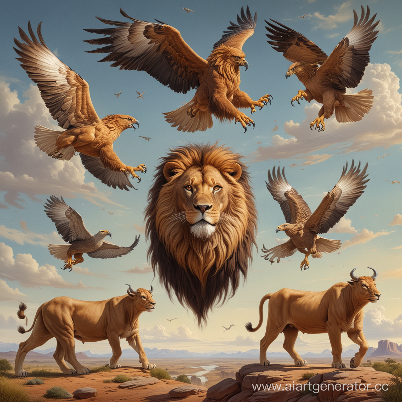 The first living creature like a lion, the second living creature like an ox, the third living creature with the face of a man, and the fourth living creature like a flying eagle