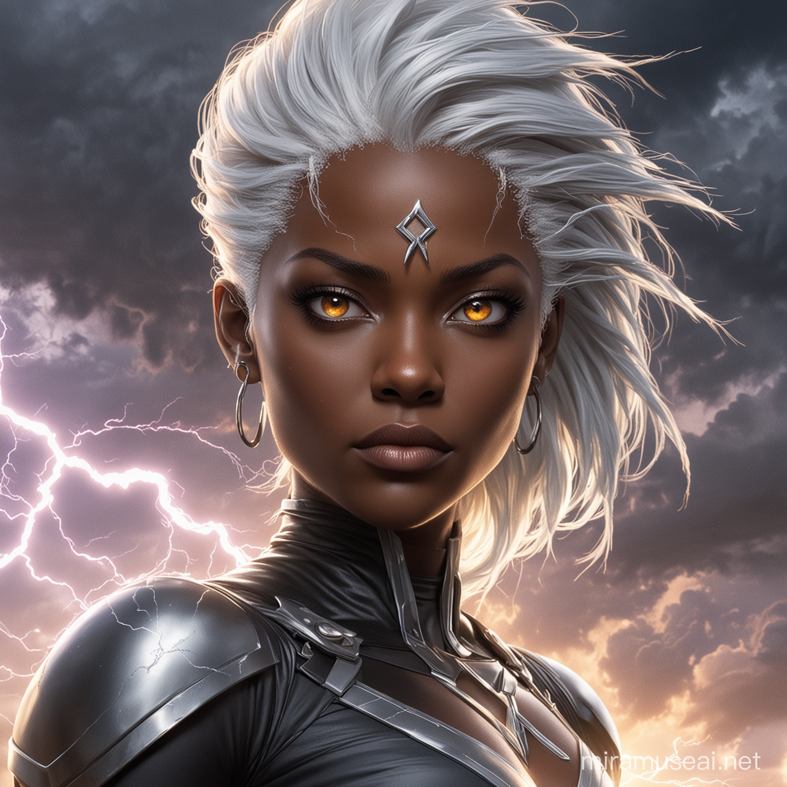 Intense CloseUp Portrait of Ororo Munroe with Storm and Lightning Background