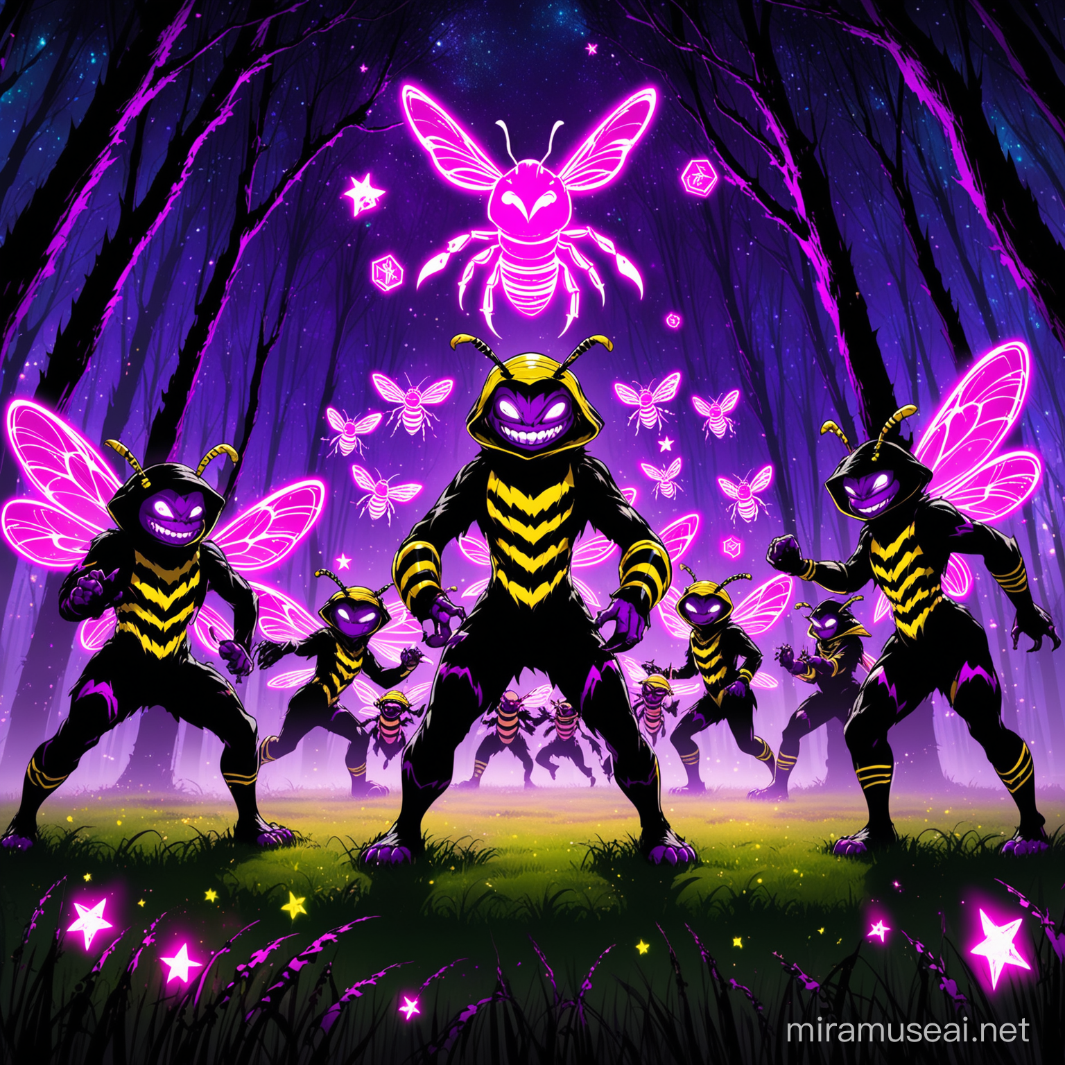 Goblin-Bee (group)
appreance-neon purple/pink/blue /black/full body/bee-runes/goblinoid/bee-attire/full body/scary/grinning/ dynamic-pose

backround-noir/forest/night/white/gold/black stars// field/