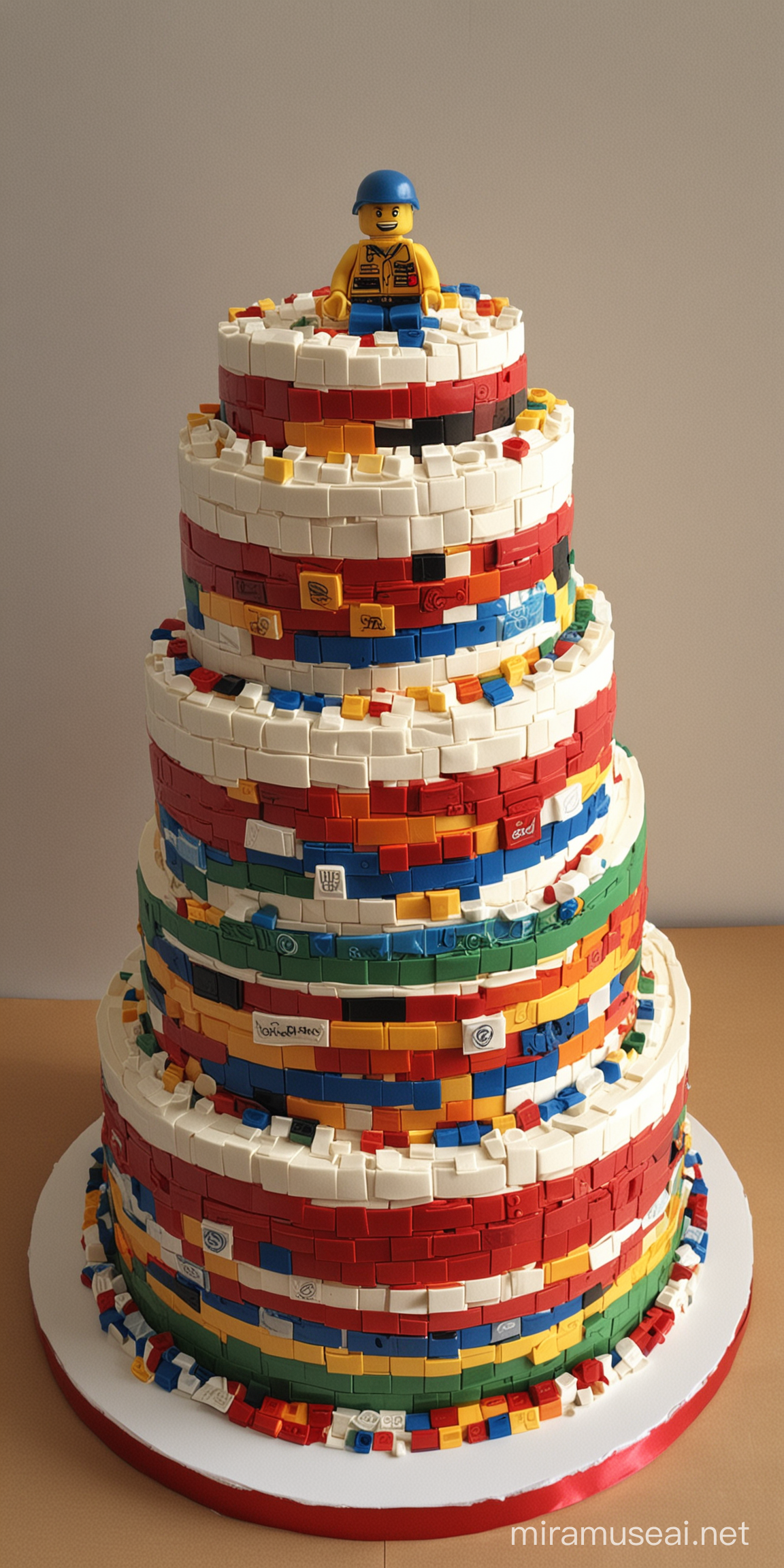 Colorful Lego Cake with Bricks and Minifigures