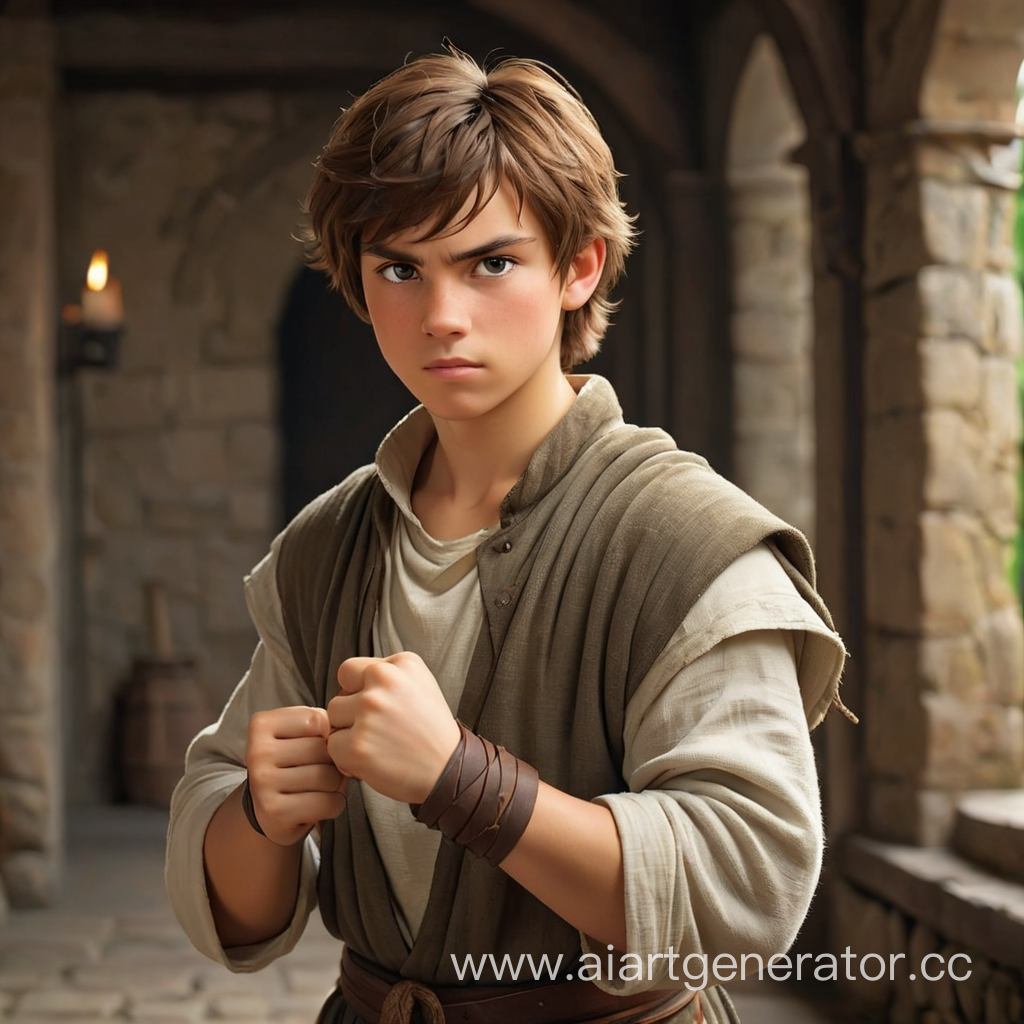 Молодой воин, кулаки обмотаны тканью, одежда простая в стиле средневековья, 19 лет, русые волосы, средней длинны