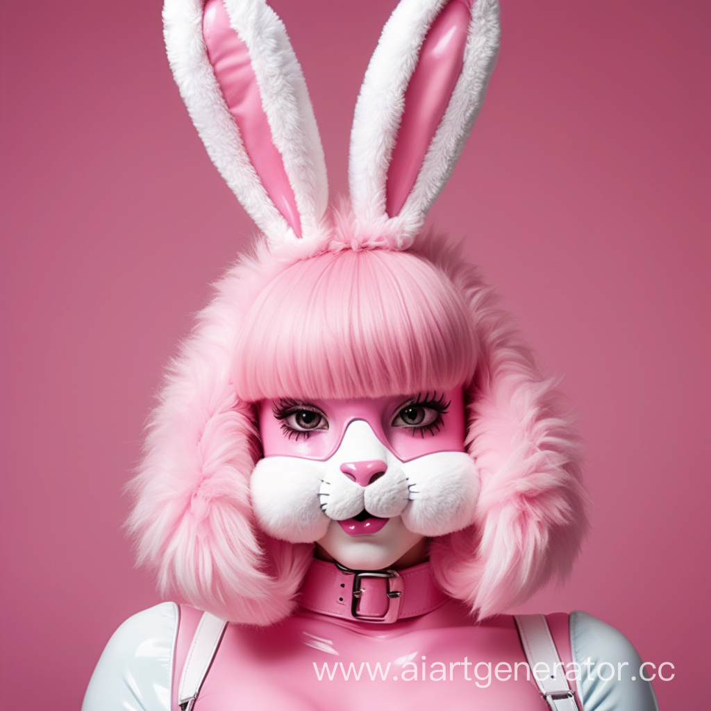Латексная девушка фурри пасхальный кролик с розовой латексной кожей с мордой кролика вместо лица. Изображение сделать в милой стилистике