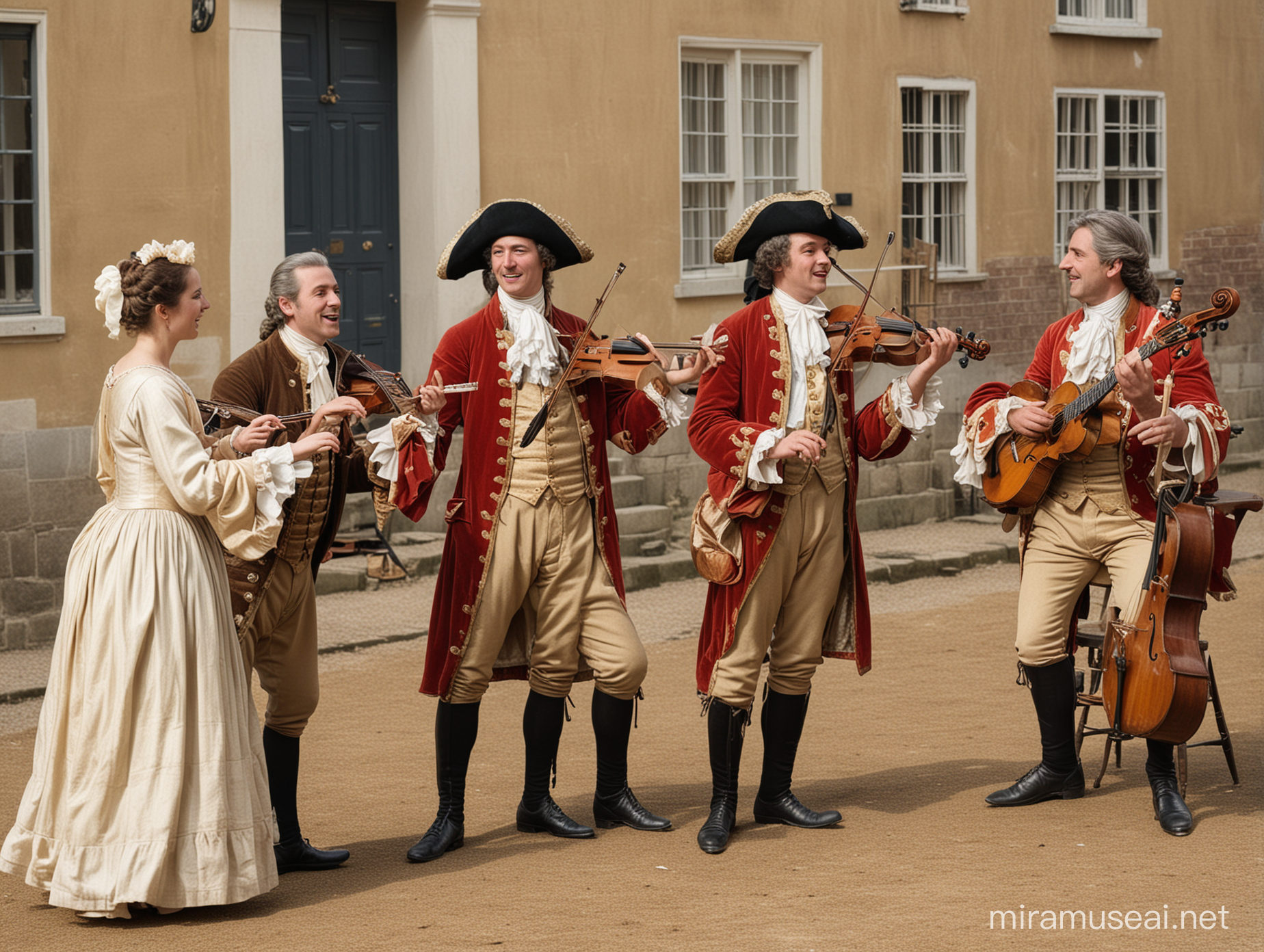 A group of 18th century musician men and women playing instruments while talking