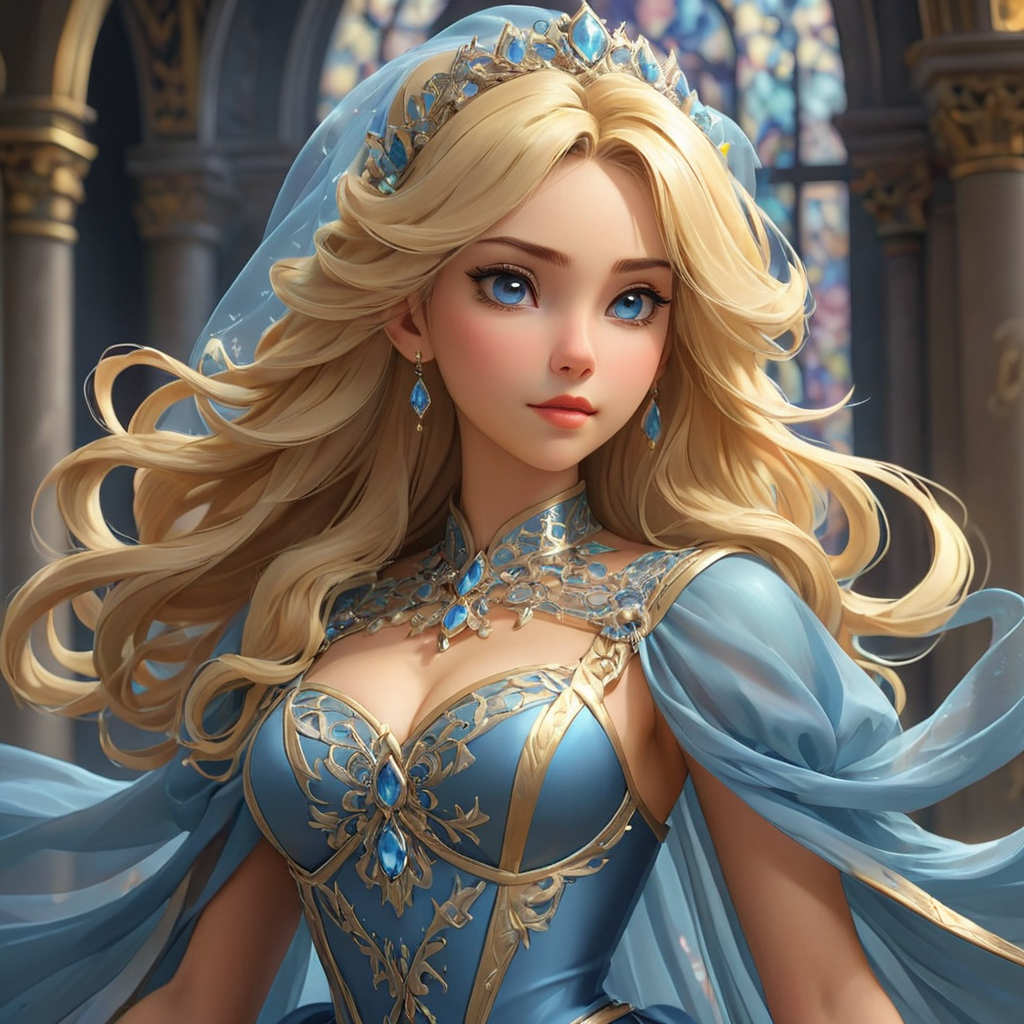 Beautiful Fantasy Empress BlondeHaired Princess in Blue Dress with Veil