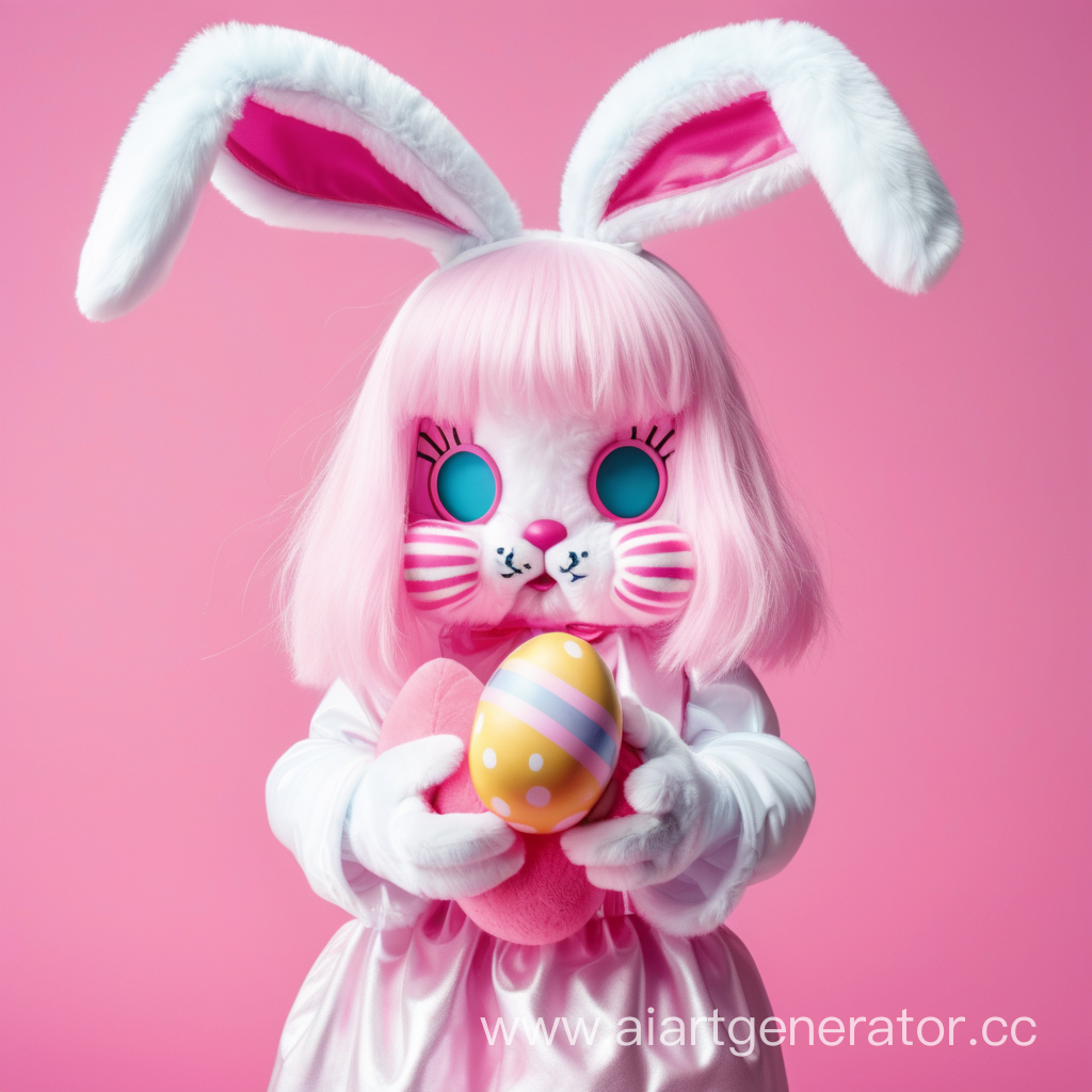 
Пластиковая девушка фурри пасхальный кролик с розовой пластиковой кожей с мордой кролика вместо лица. Держит в руках пасхальные яйца. Изображение сделать в милой стилистике