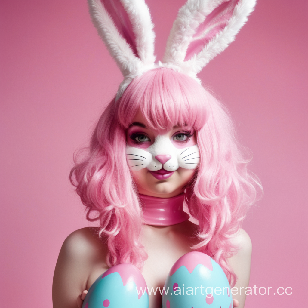 Латексная девушка фурри пасхальный кролик с розовой латексной кожей с мордой кролика вместо лица.  пасхальным яйцом на голове. Изображение сделать в милой стилистике