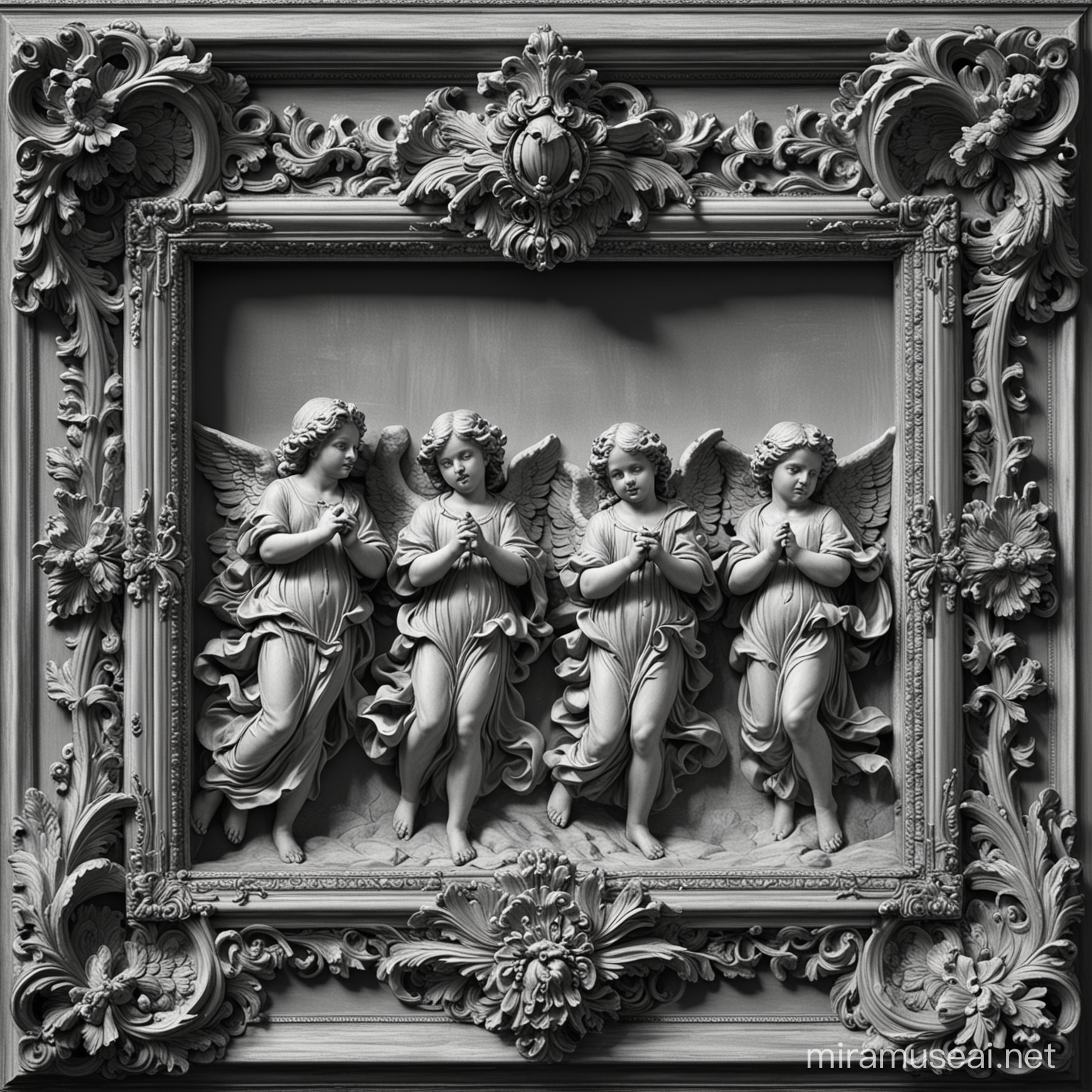 grayscale bas relief, baroque picture frame with angels, hight detail, hight contrast 